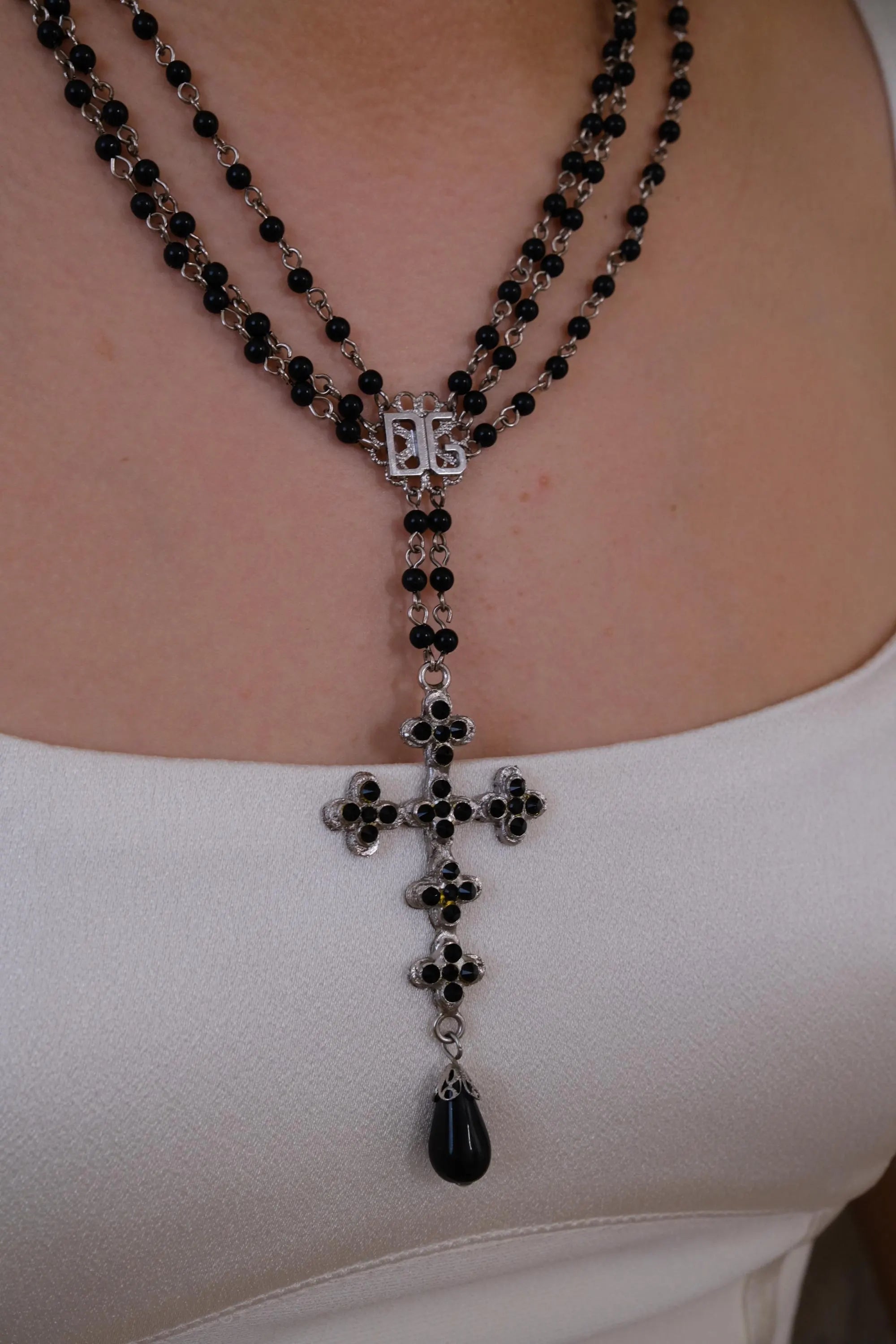 Vintage Dolce & Gabbana black bead cross necklace, elegant designer jewelry