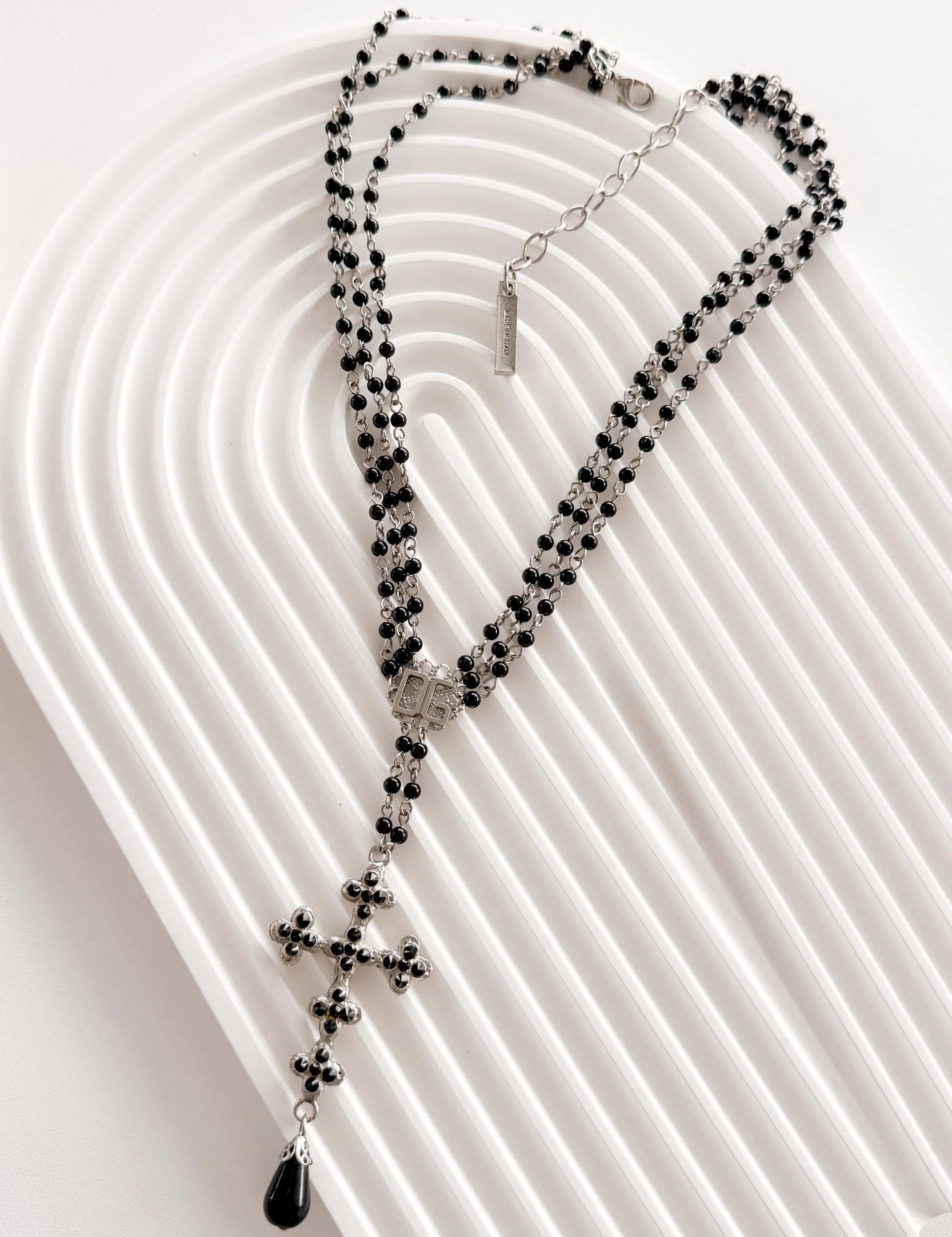 Vintage Dolce & Gabbana black bead cross necklace, elegant designer jewelry