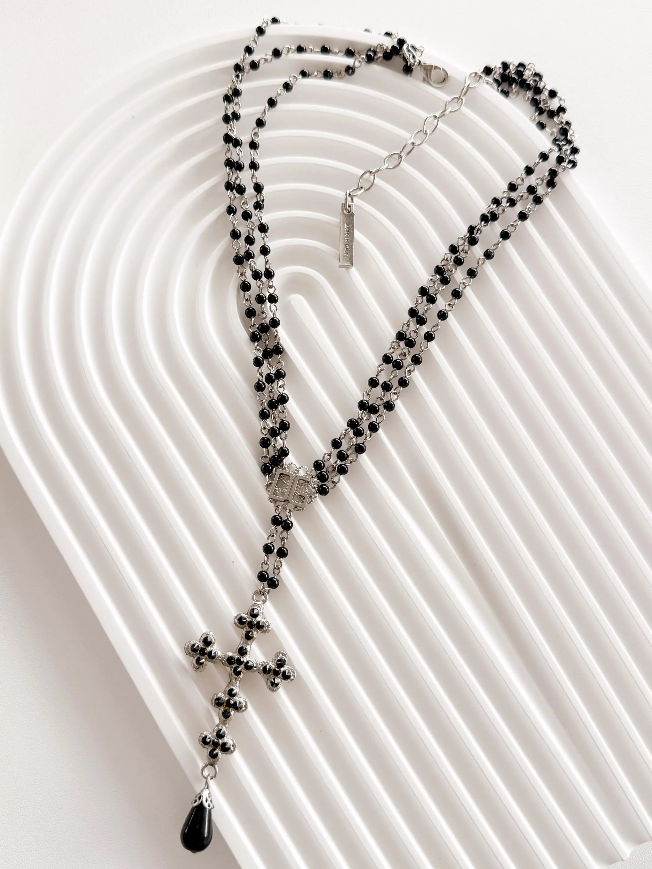 Vintage Dolce & Gabbana black bead cross necklace, elegant designer jewelry