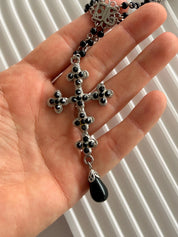 Vintage Dolce & Gabbana silver cross necklace with black beads, statement designer piece