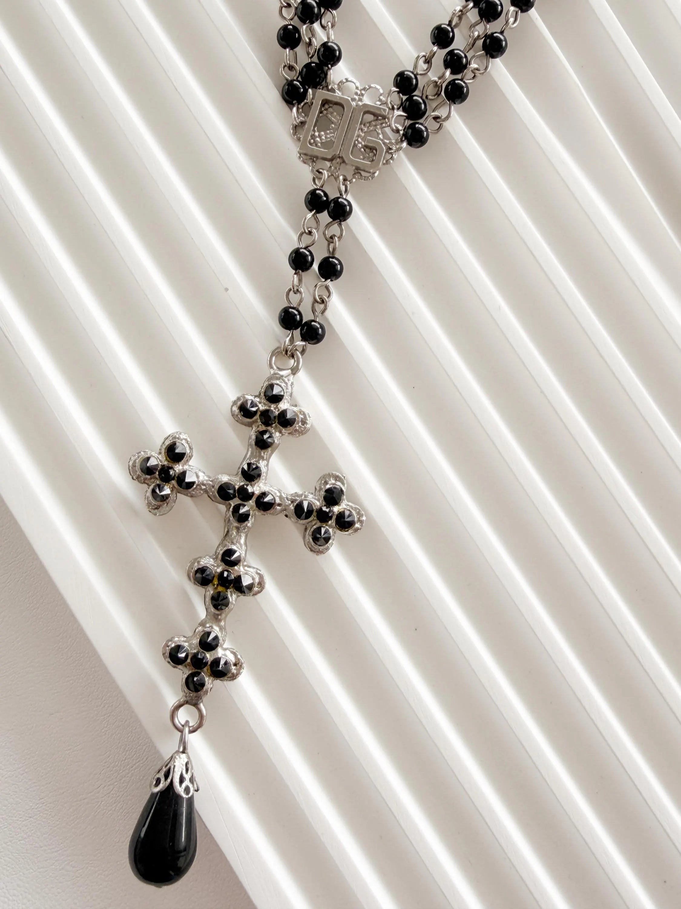 Vintage Dolce & Gabbana silver cross necklace with black beads, statement designer piece