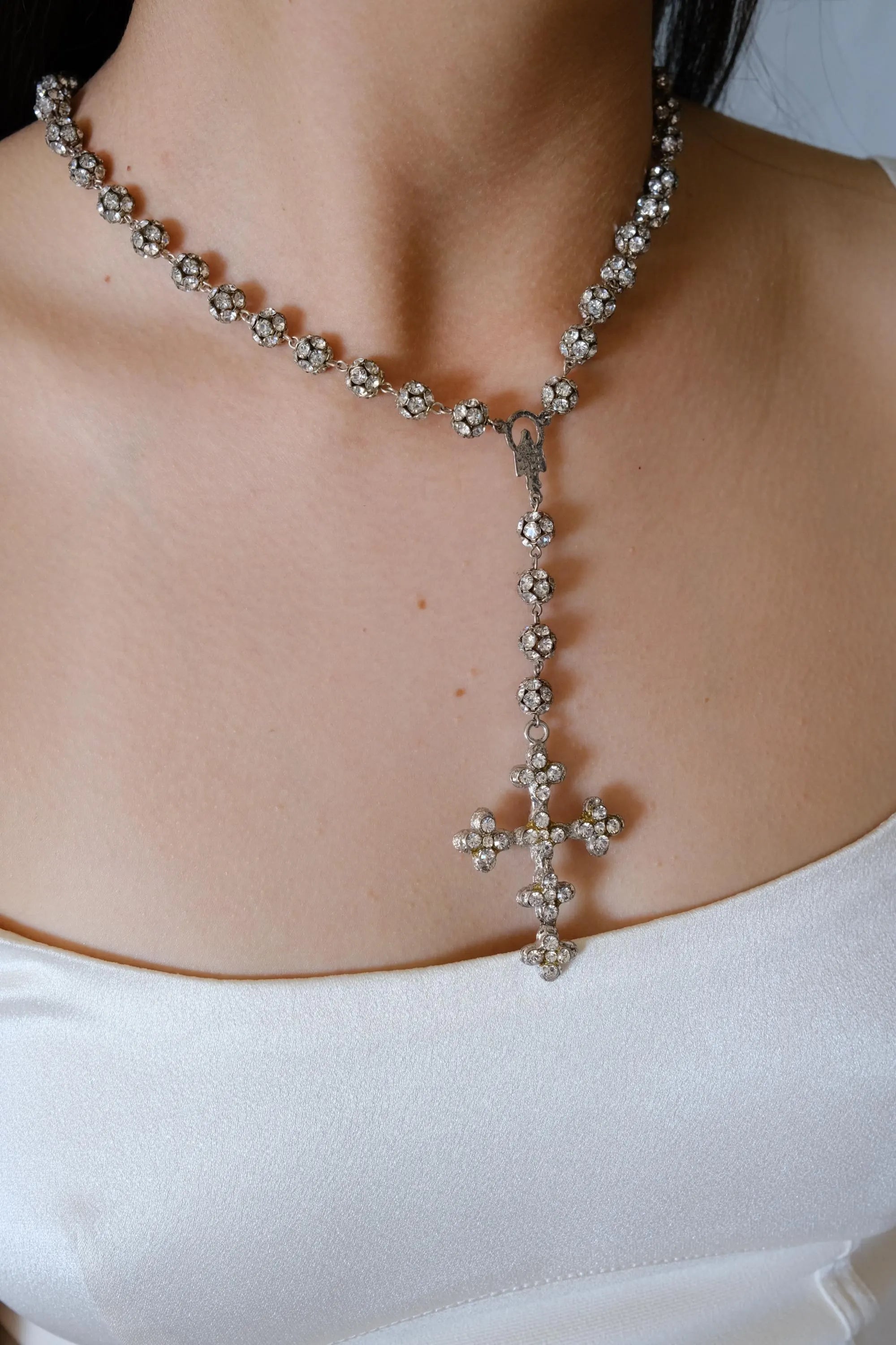 Vintage Dolce & Gabbana crystal cross necklace, silver tone designer jewelry for women who love luxury accessories