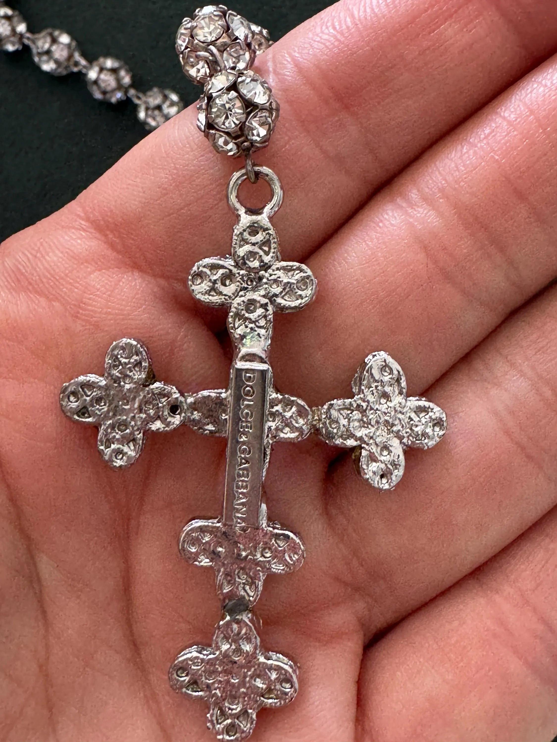 Vintage Dolce & Gabbana crystal cross necklace in silver tone, refined designer jewelry and rare luxury piece for sophisticated women