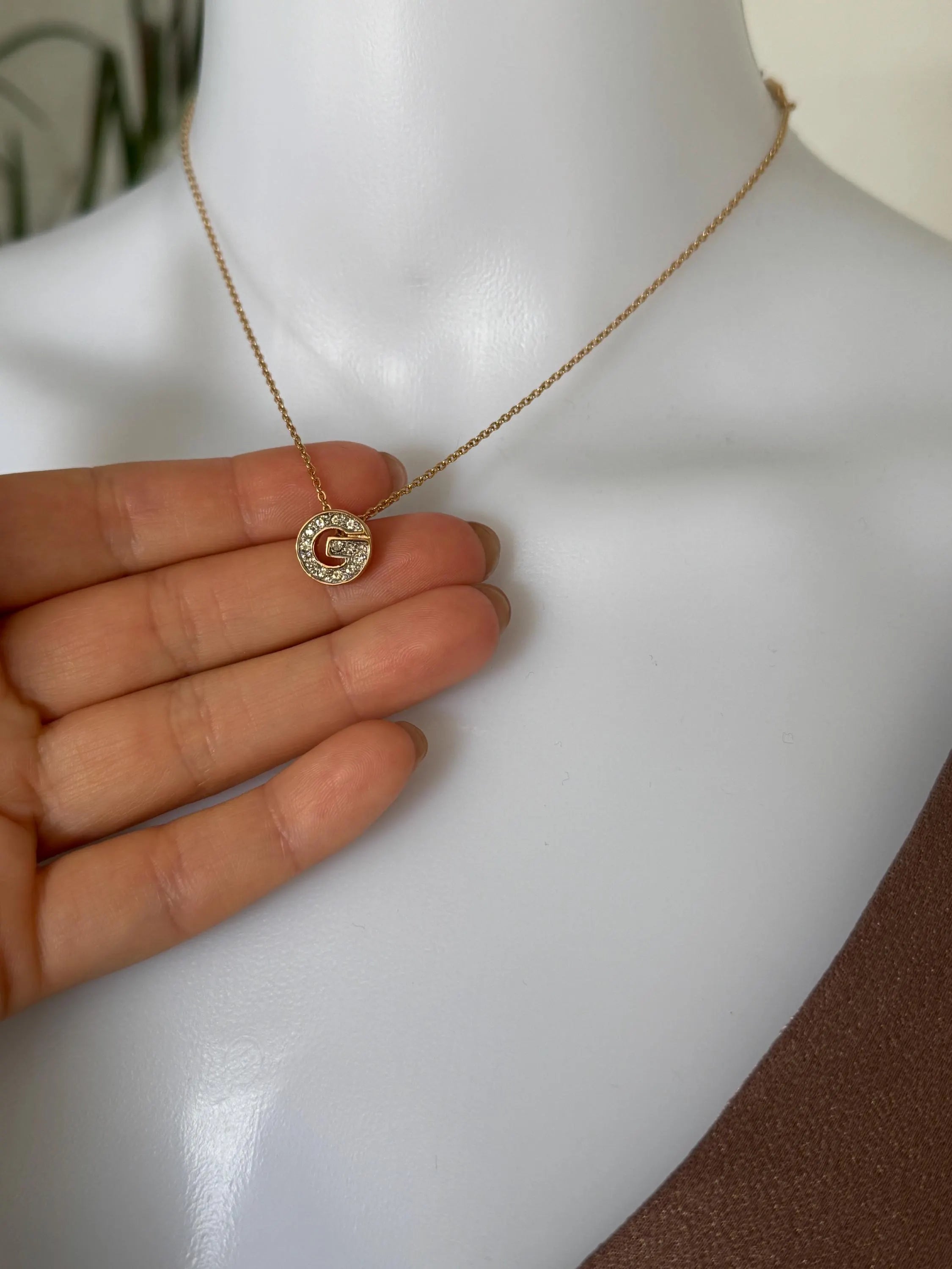 Vintage Givenchy G Logo Gold Tone Necklace Earrings Set Crystal Rhinestones