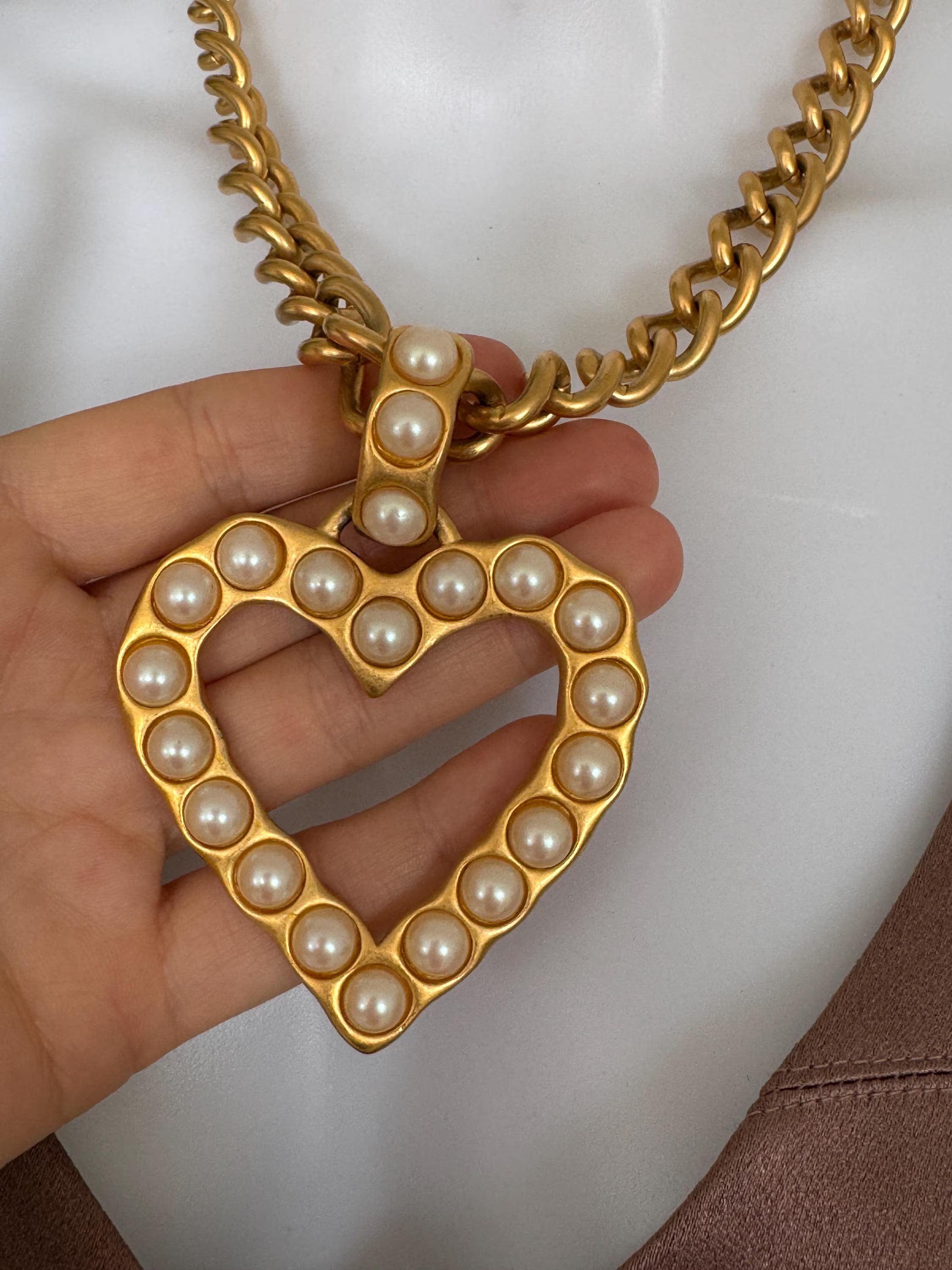 Vintage Givenchy gold plated matte gold heart necklace, designer statement jewelry for women