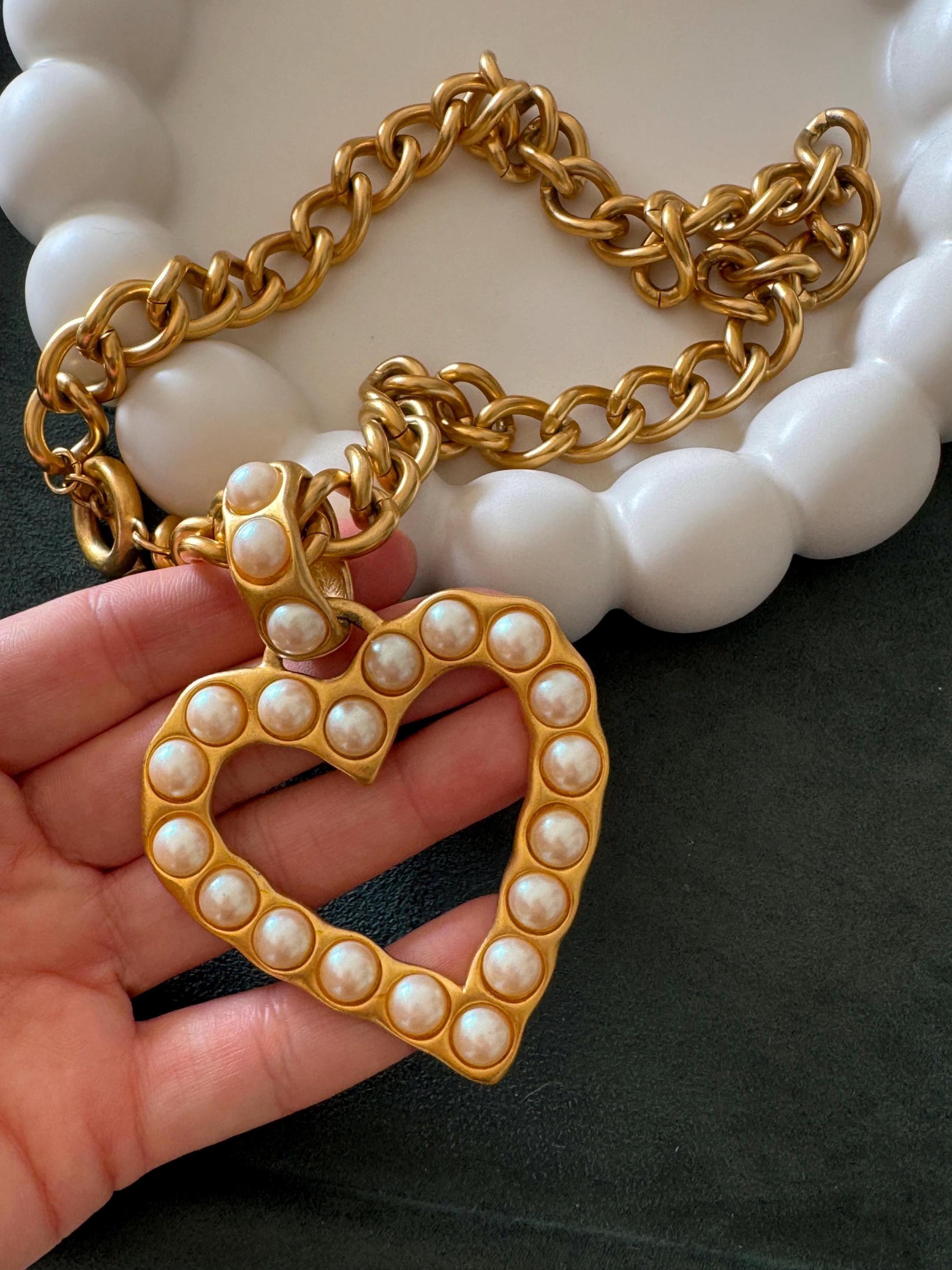 Vintage Givenchy gold plated matte gold heart necklace, designer statement jewelry for women