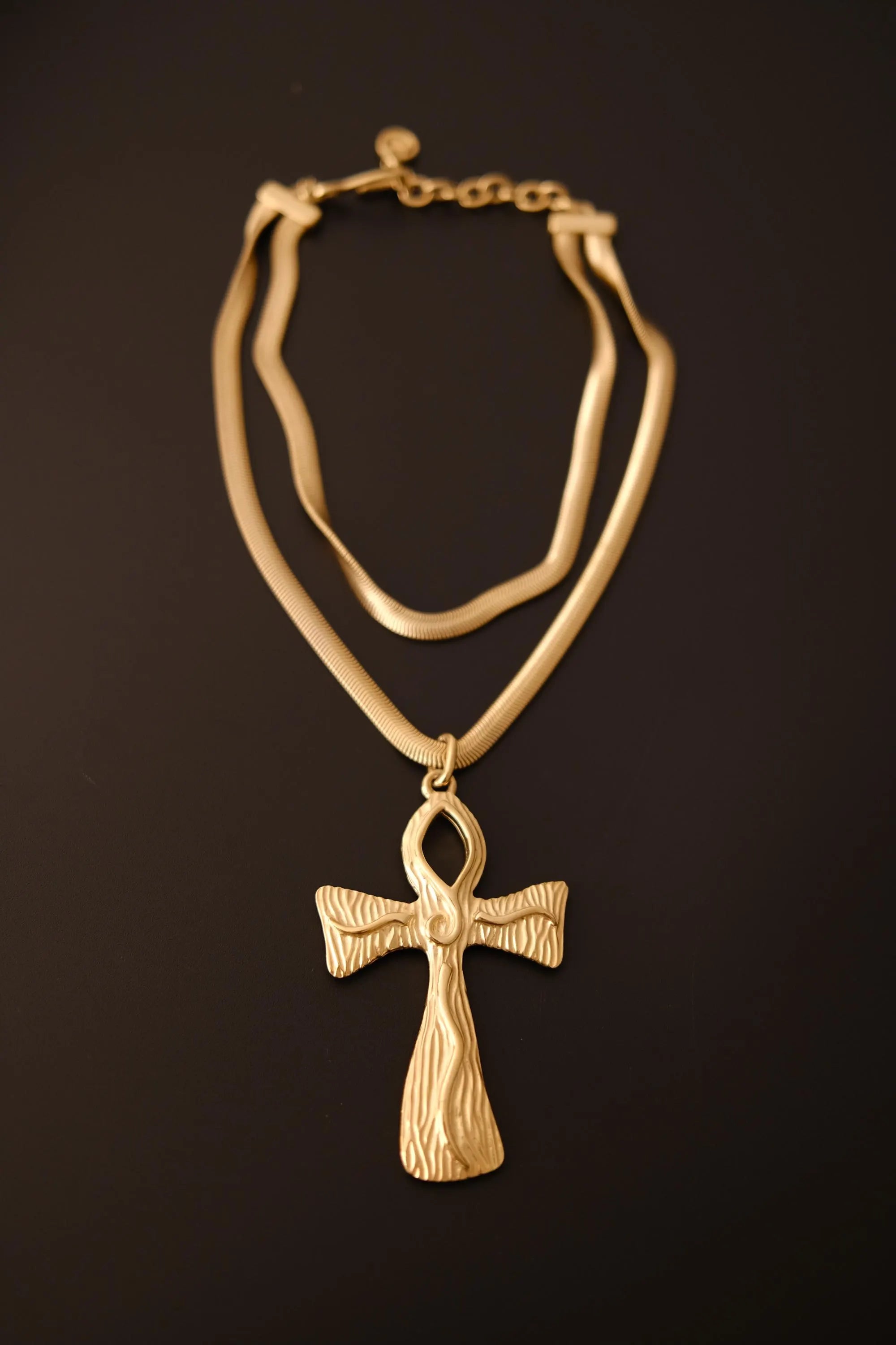 Vintage Givenchy gold-tone cross necklace with double snake chain and oversized statement pendant