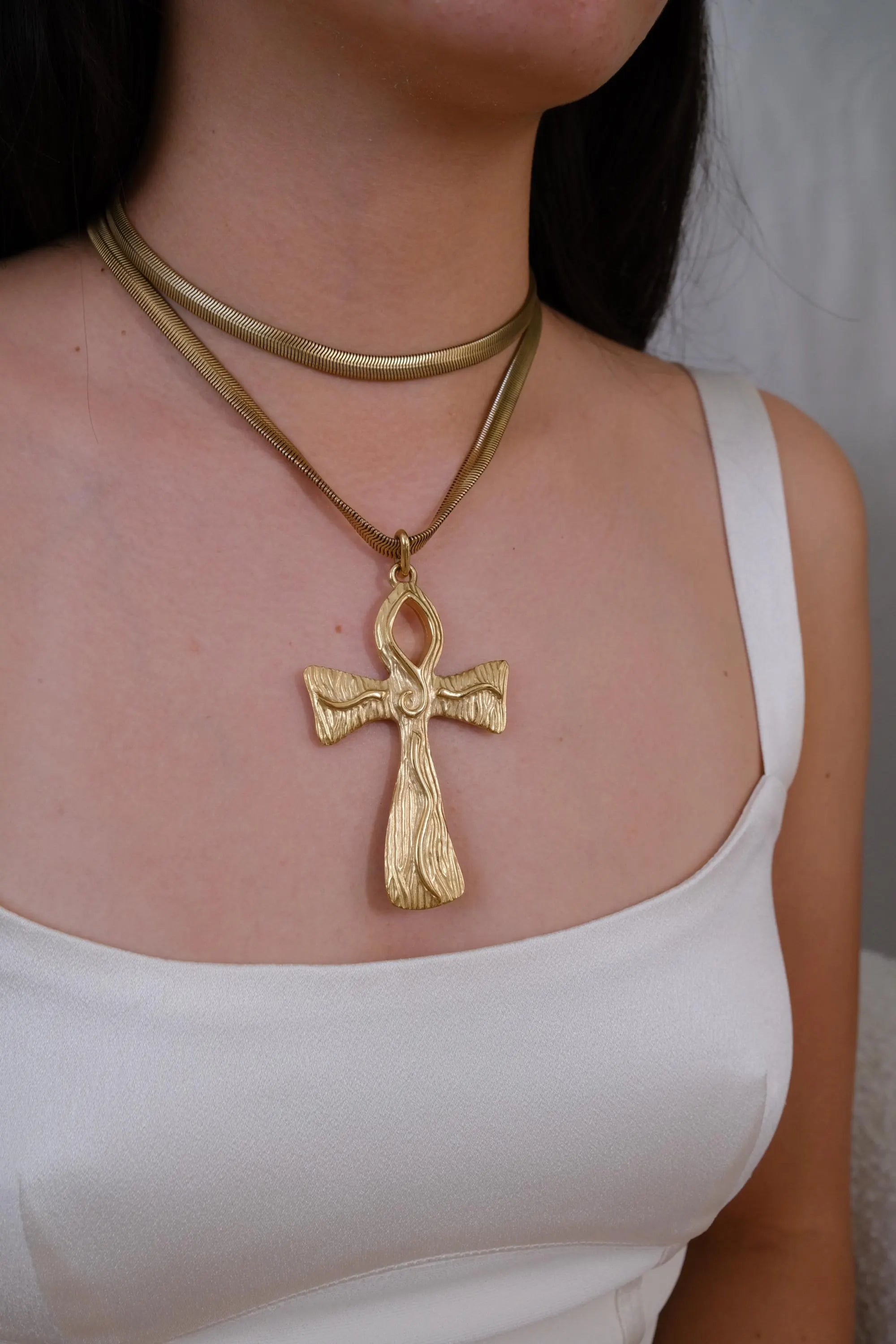 Vintage Givenchy gold-tone cross necklace with double snake chain and oversized statement pendant