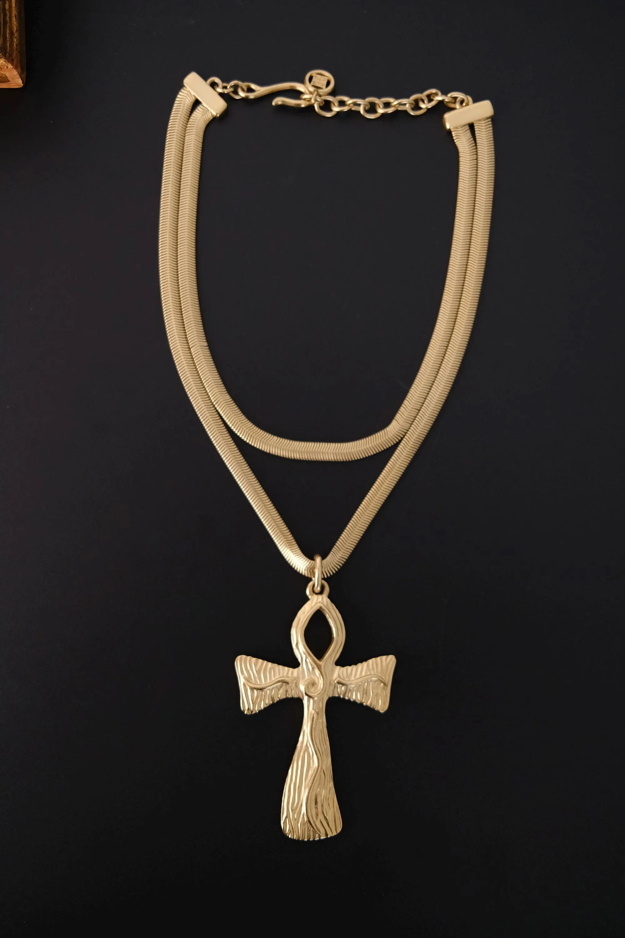 Vintage Givenchy gold-tone cross necklace with double snake chain and oversized statement pendant