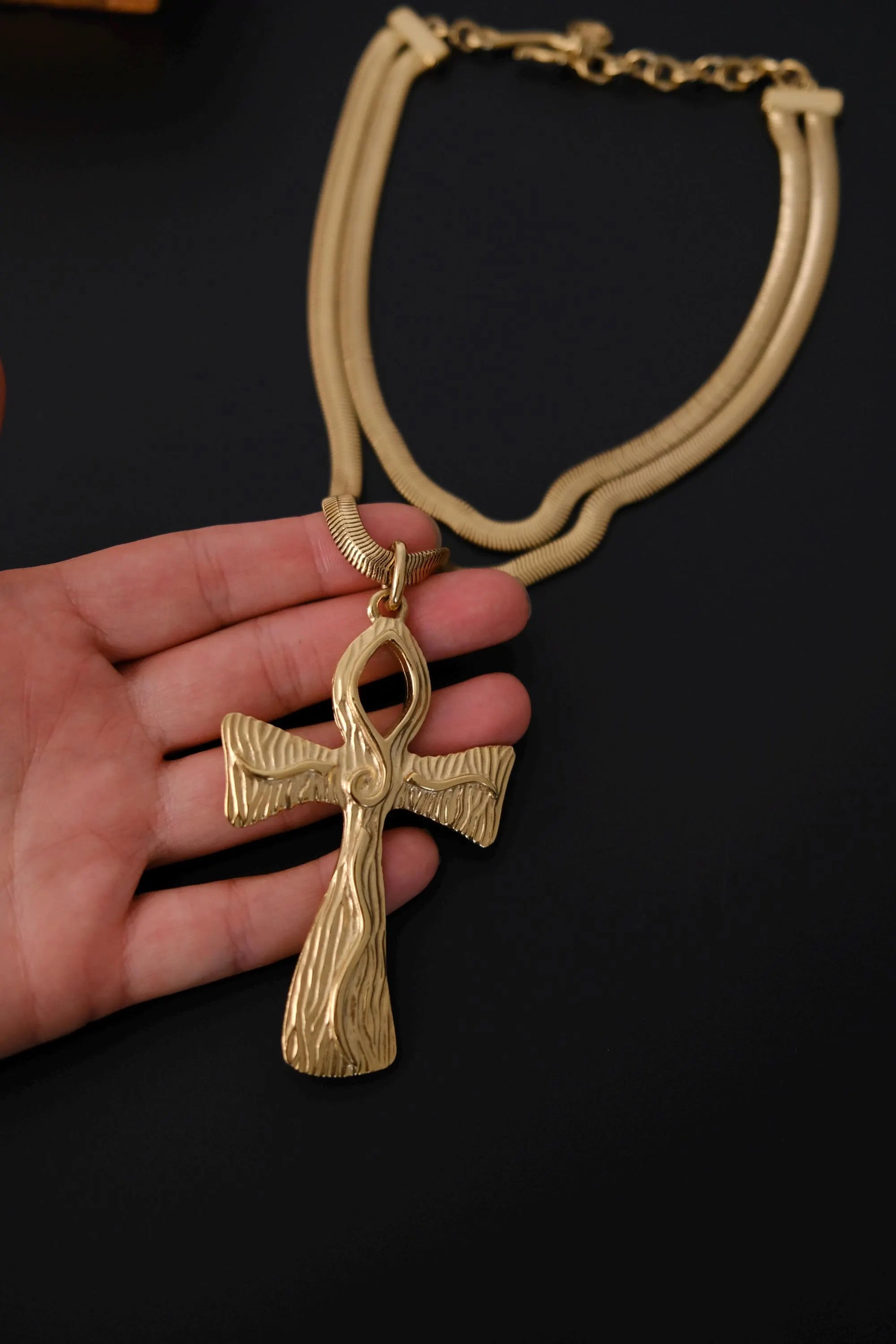 Vintage Givenchy gold-tone cross necklace with double snake chain and oversized statement pendant