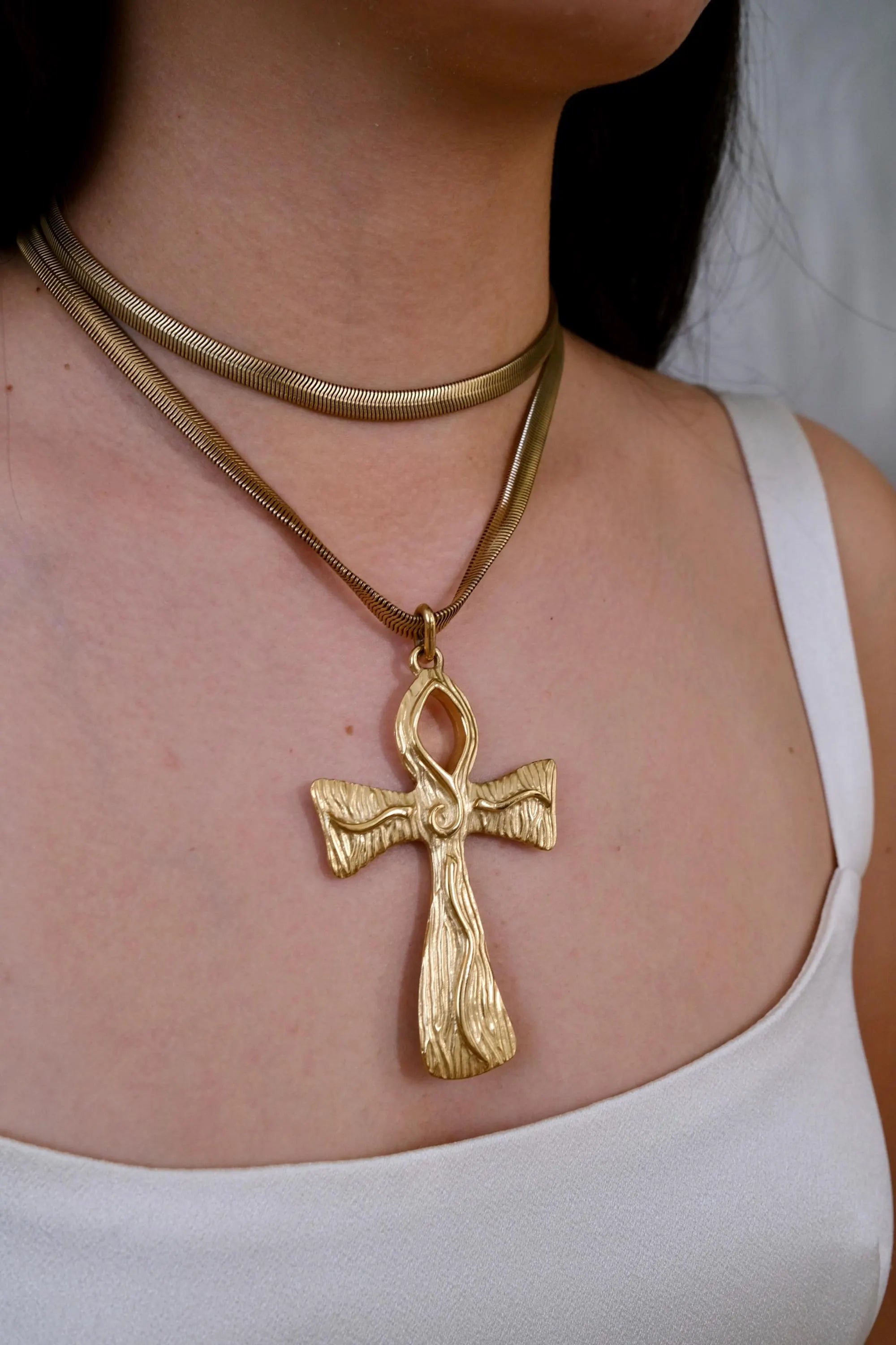 Vintage Givenchy gold-tone cross necklace with double snake chain and oversized statement pendant