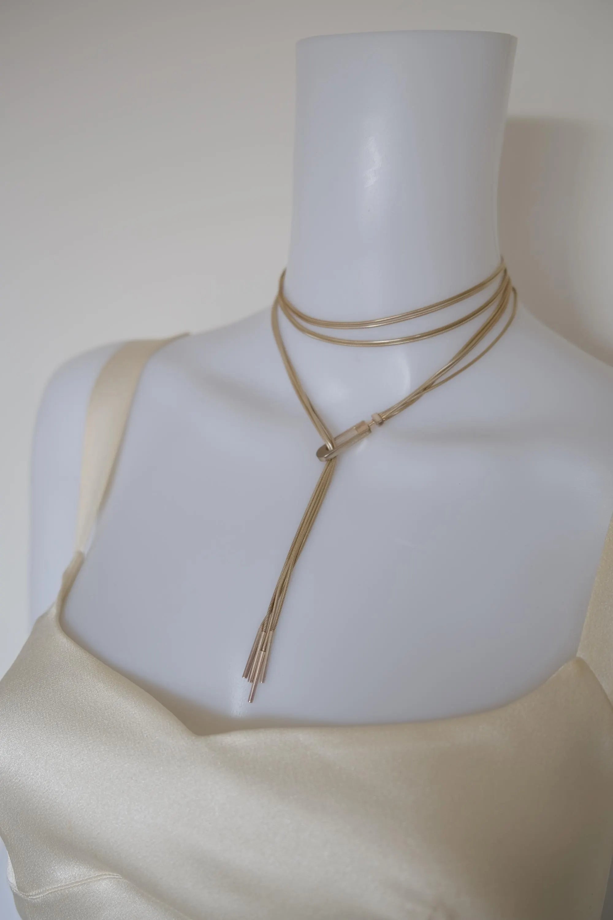 Vintage Gucci sterling silver multi-strand lariat necklace worn in a long Y-shaped style