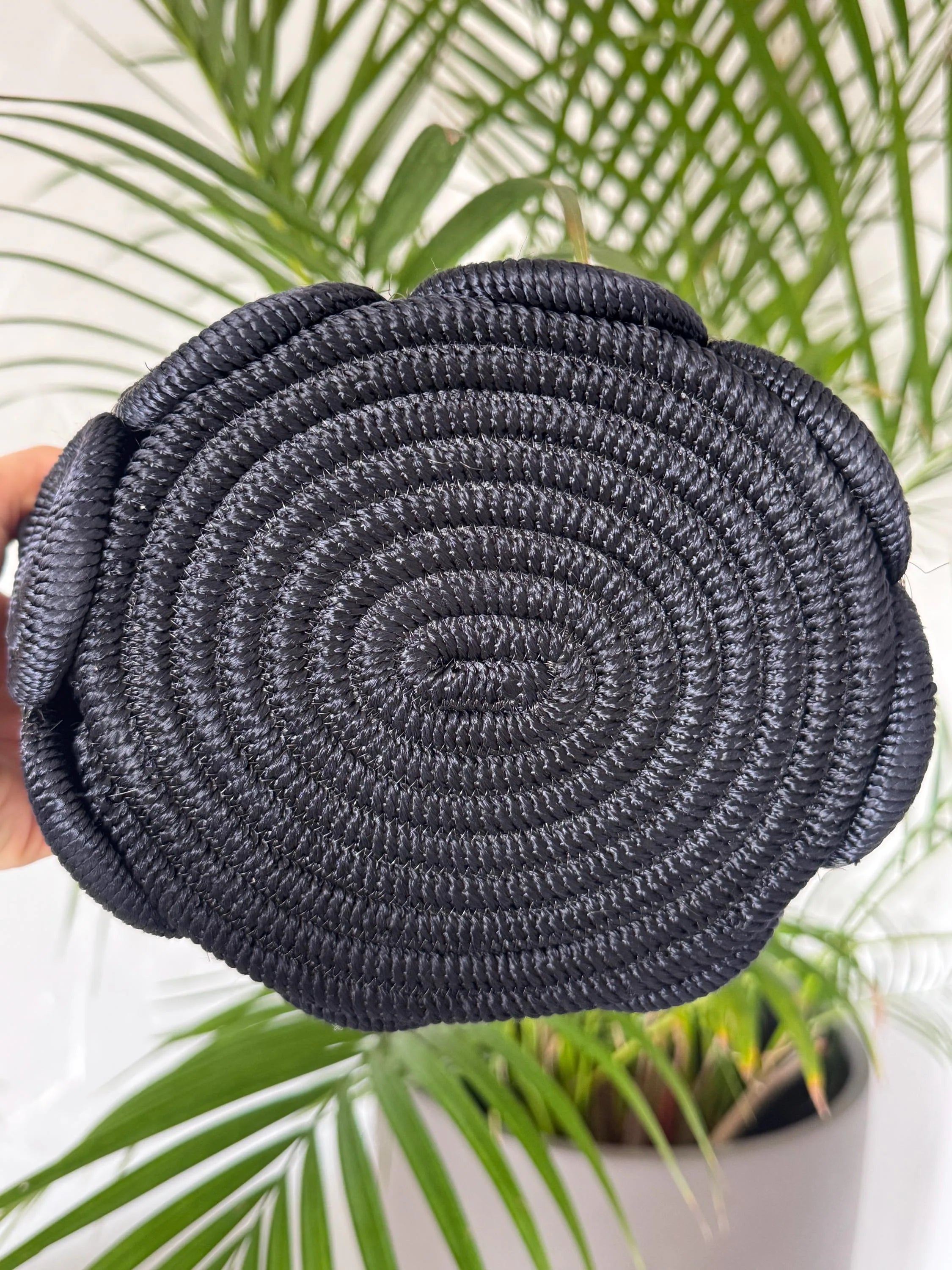 Vintage Nina Ricci black rope handbag, handcrafted sculptural designer bag made in France for women