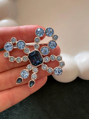 Rare vintage YSL royal blue cabochon brooch, silver tone statement piece and collectible designer jewelry