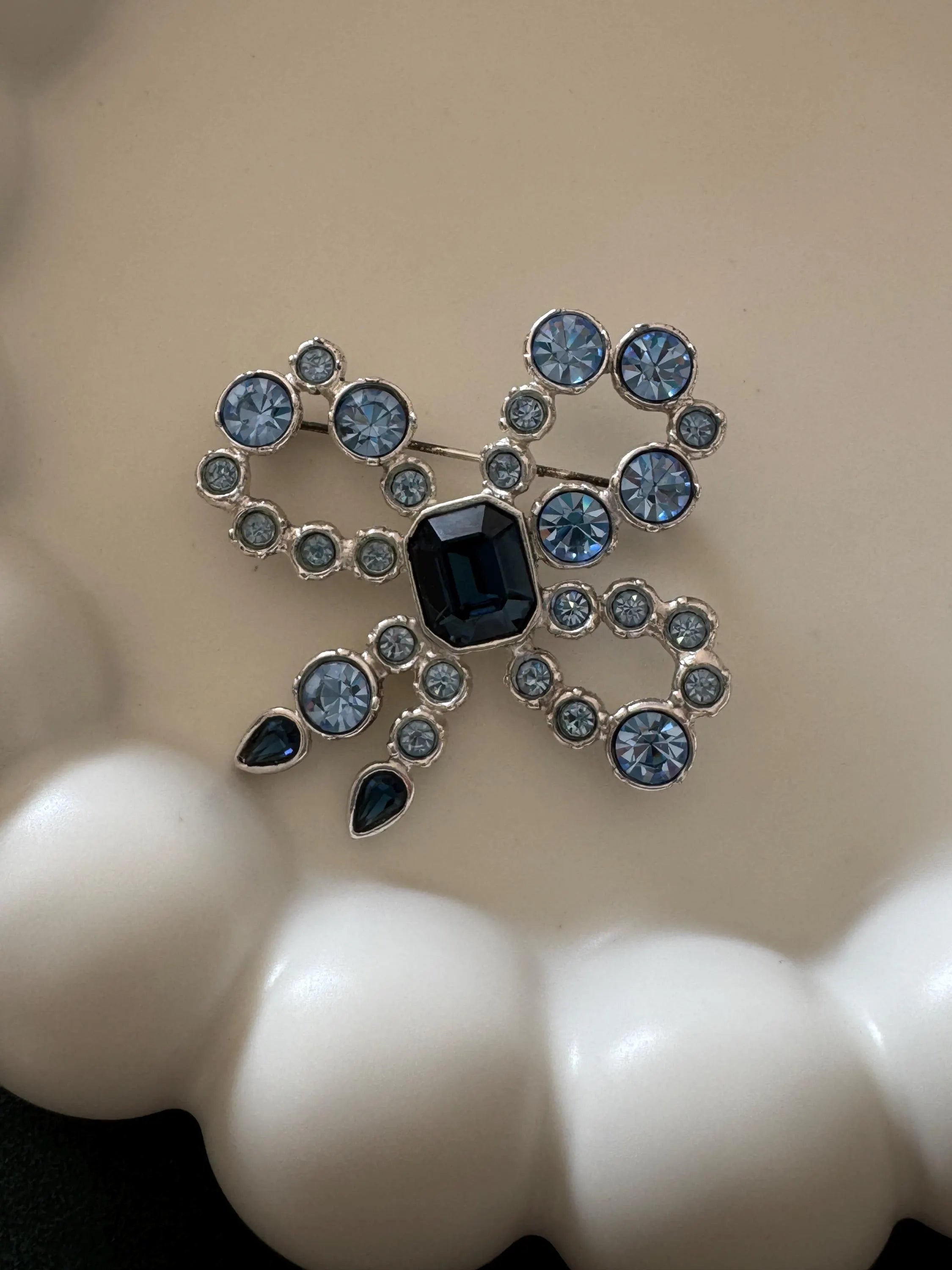 Vintage Yves Saint Laurent blue cabochon brooch, silver tone French designer jewelry