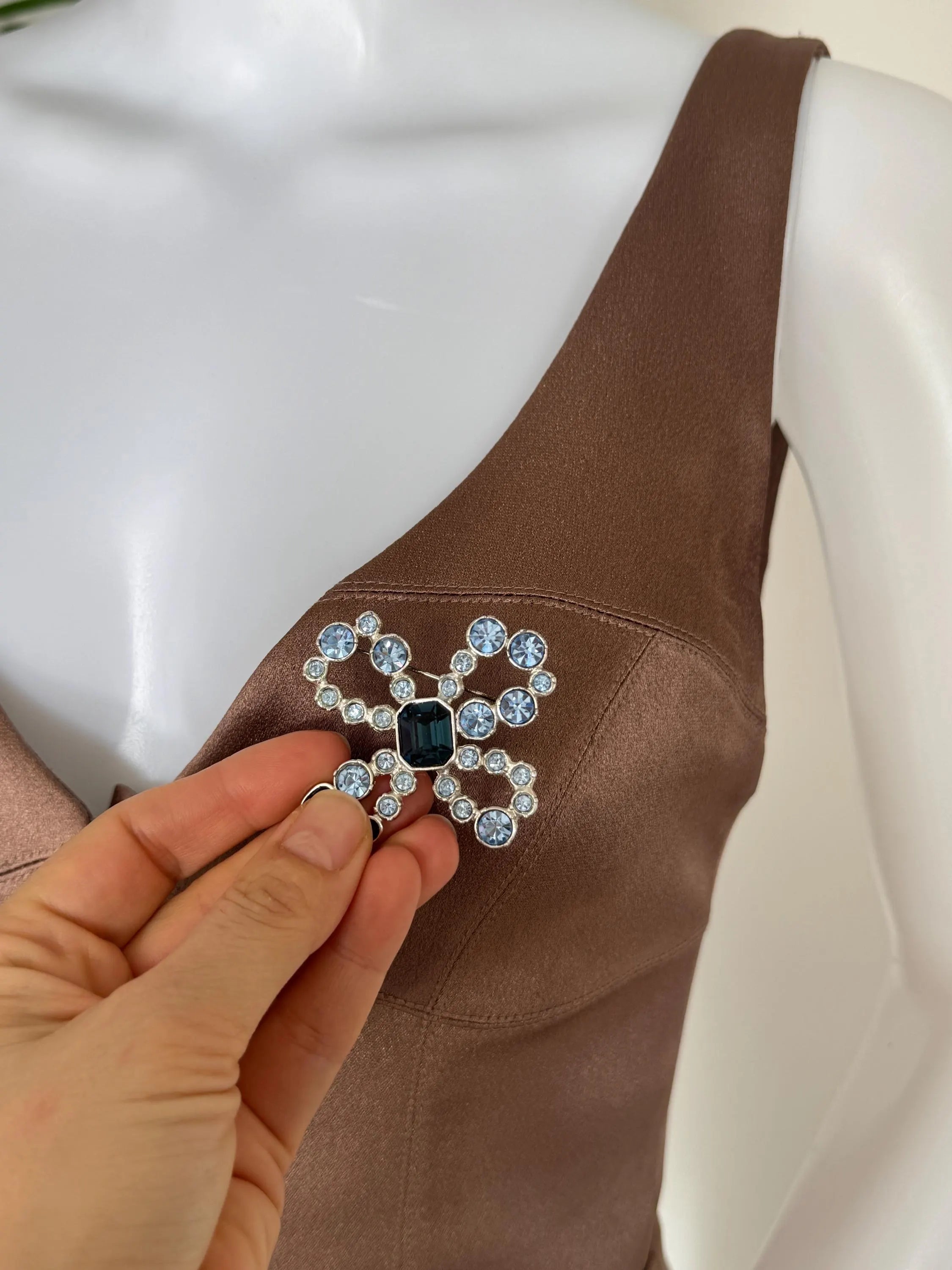 Rare vintage YSL royal blue cabochon brooch, silver tone statement piece and collectible designer jewelry
