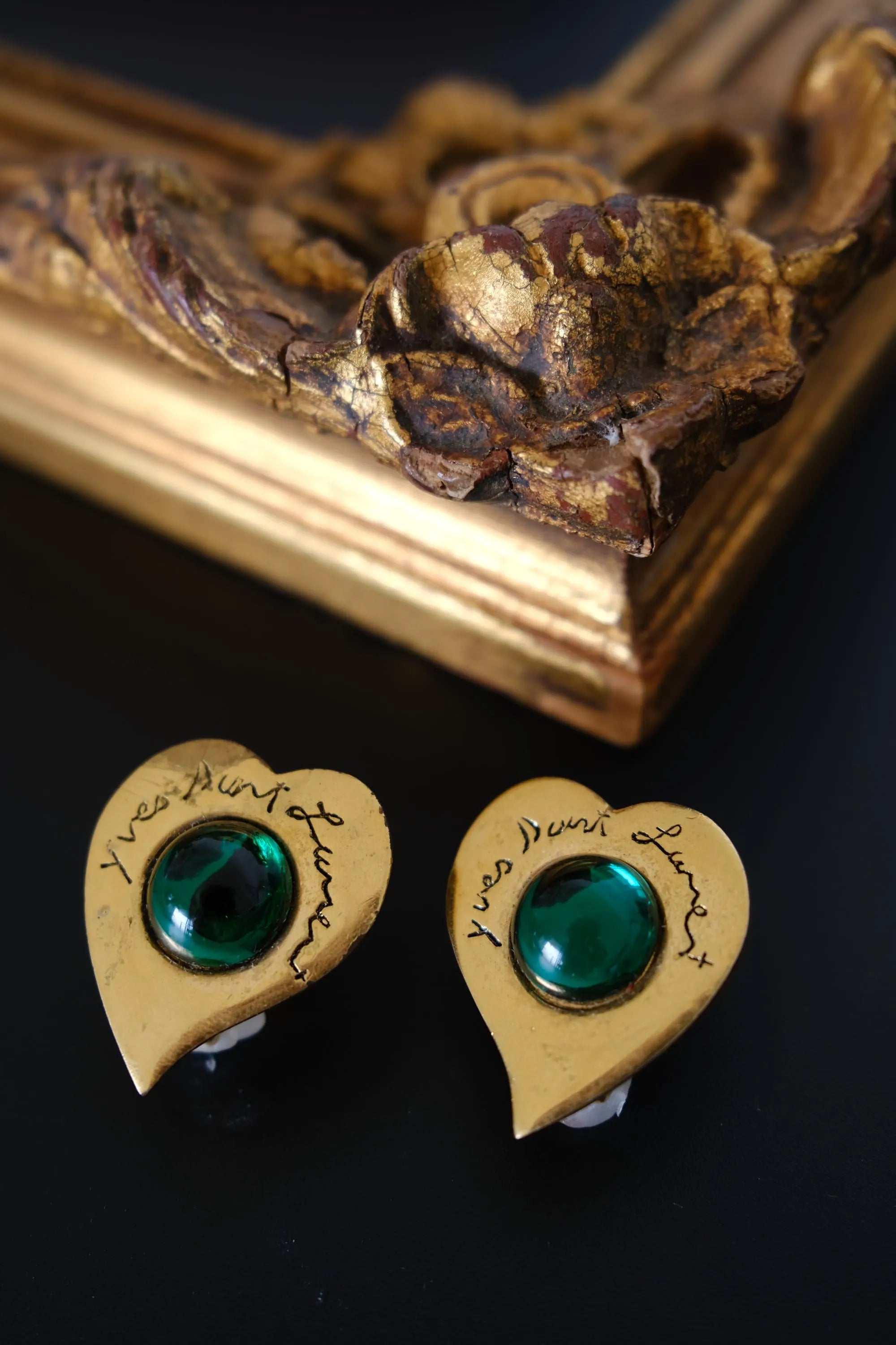 Vintage Yves Saint Laurent YSL 1980s gold-tone heart clip-on earrings with emerald green cabochons