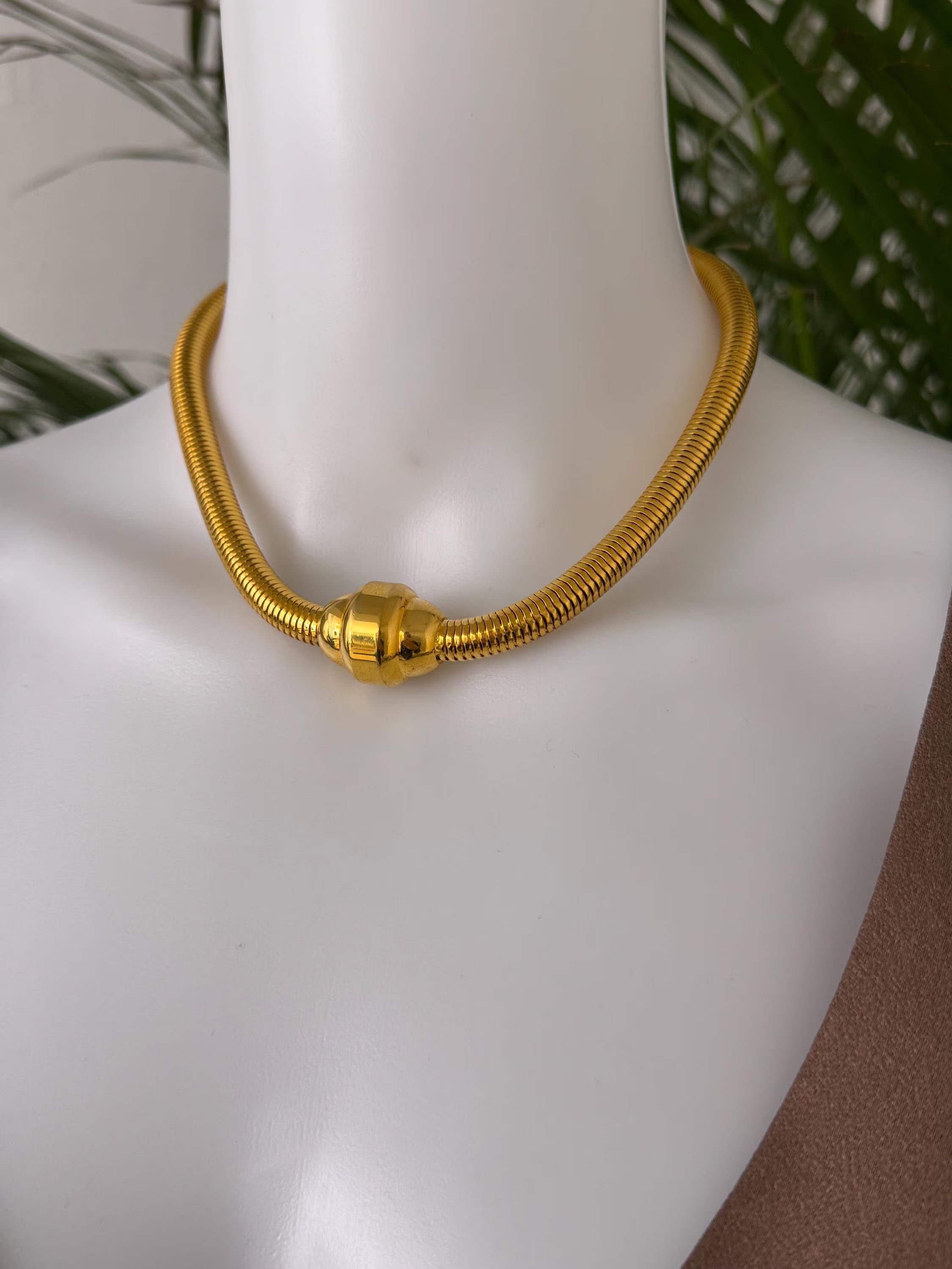 Vintage YSL gold snake chain necklace by Yves Saint Laurent, unisex Y2K designer jewelry with sleek minimalist chain design