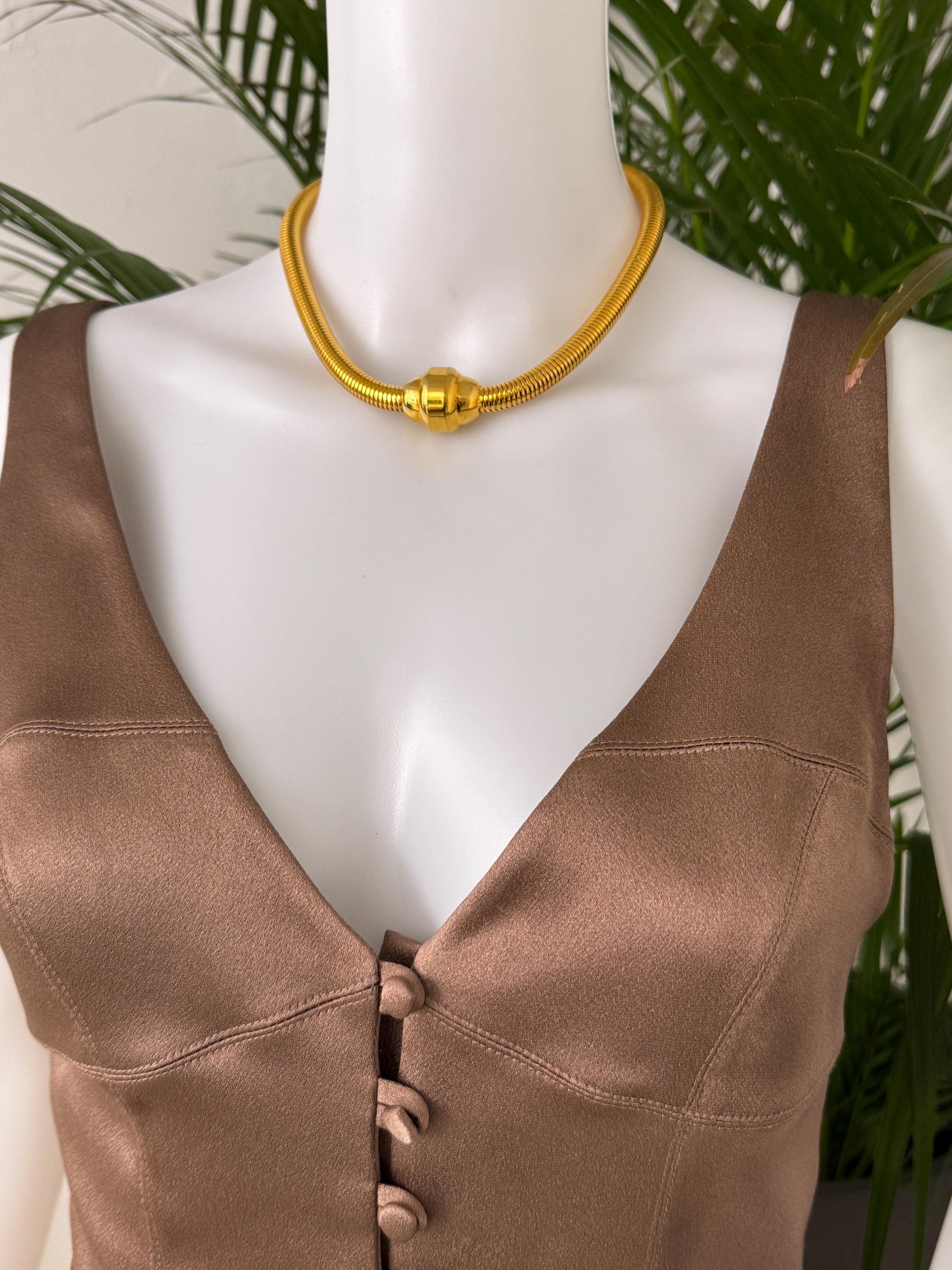 Vintage YSL gold snake chain necklace by Yves Saint Laurent, unisex Y2K designer jewelry with sleek minimalist chain design