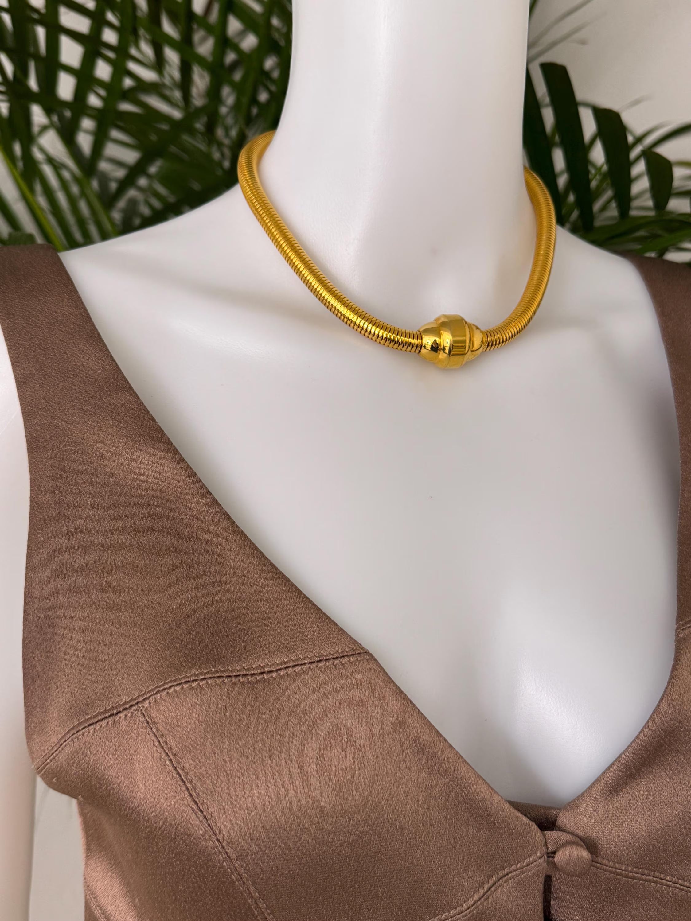 Vintage YSL gold snake chain necklace by Yves Saint Laurent, unisex Y2K designer jewelry with sleek minimalist chain design