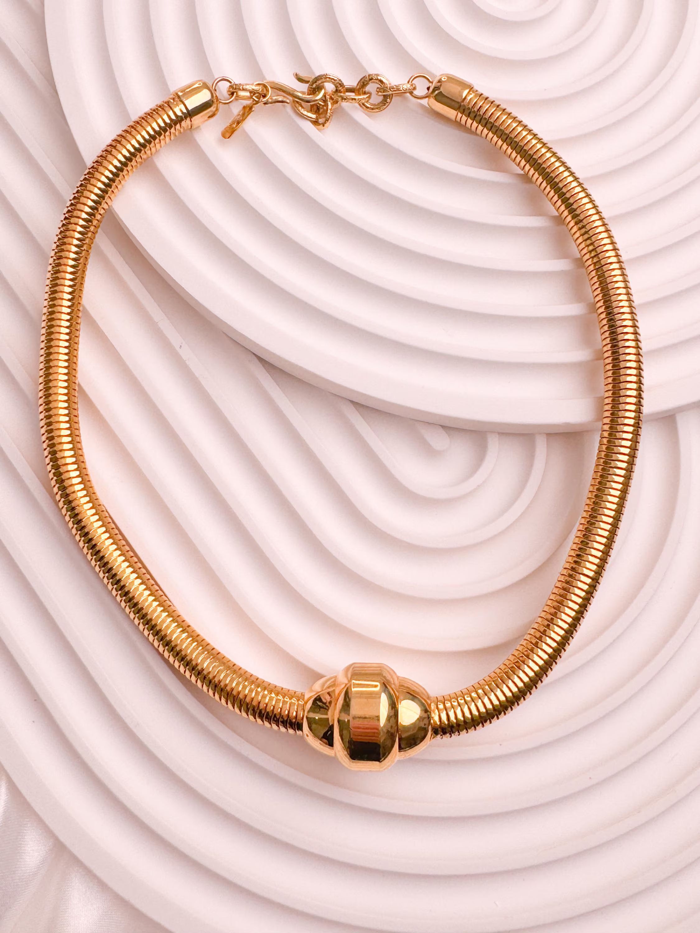 Vintage YSL gold snake chain necklace by Yves Saint Laurent, unisex Y2K designer jewelry with sleek minimalist chain design
