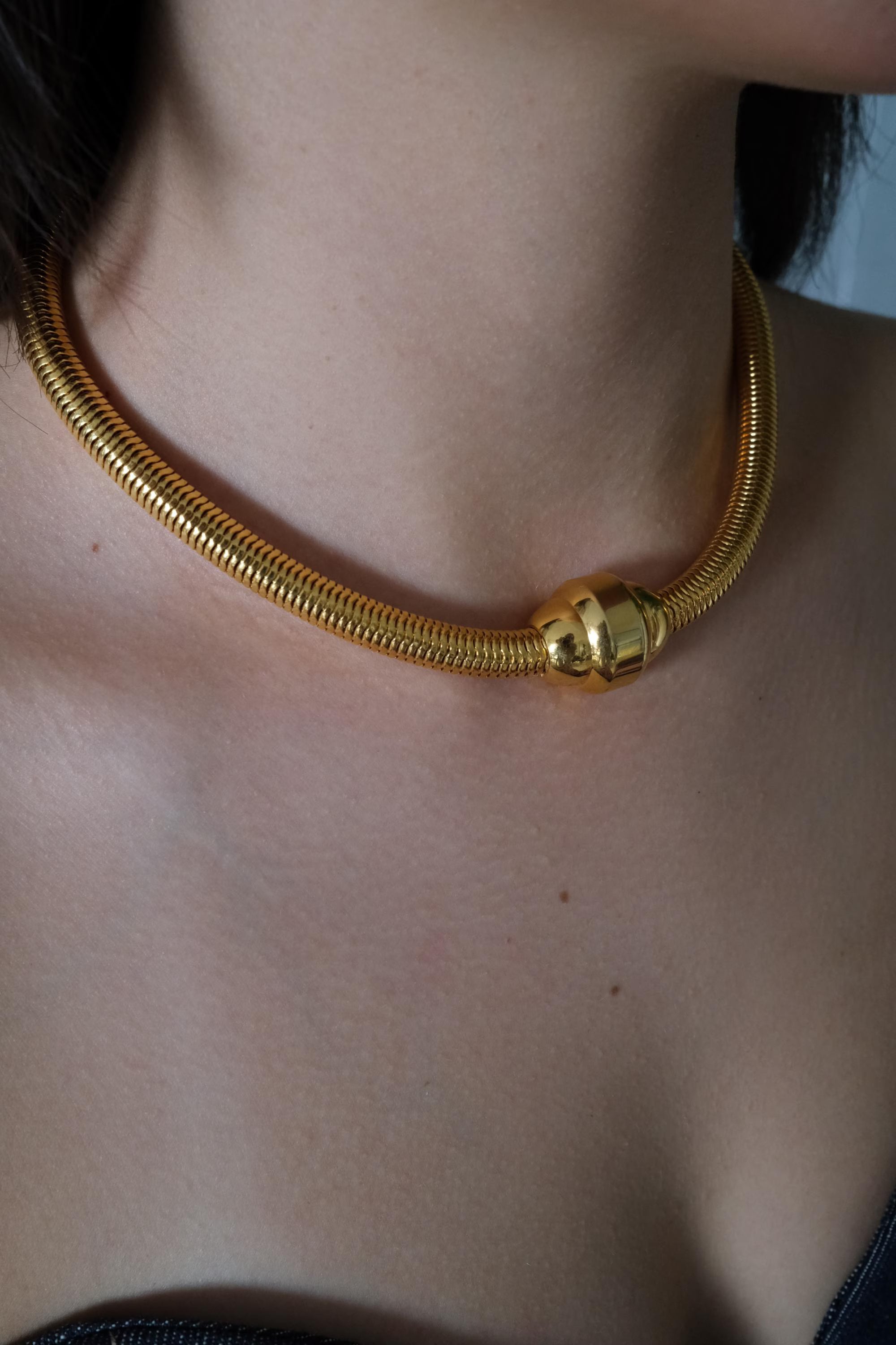 Vintage YSL gold snake chain necklace by Yves Saint Laurent, unisex Y2K designer jewelry with sleek minimalist chain design