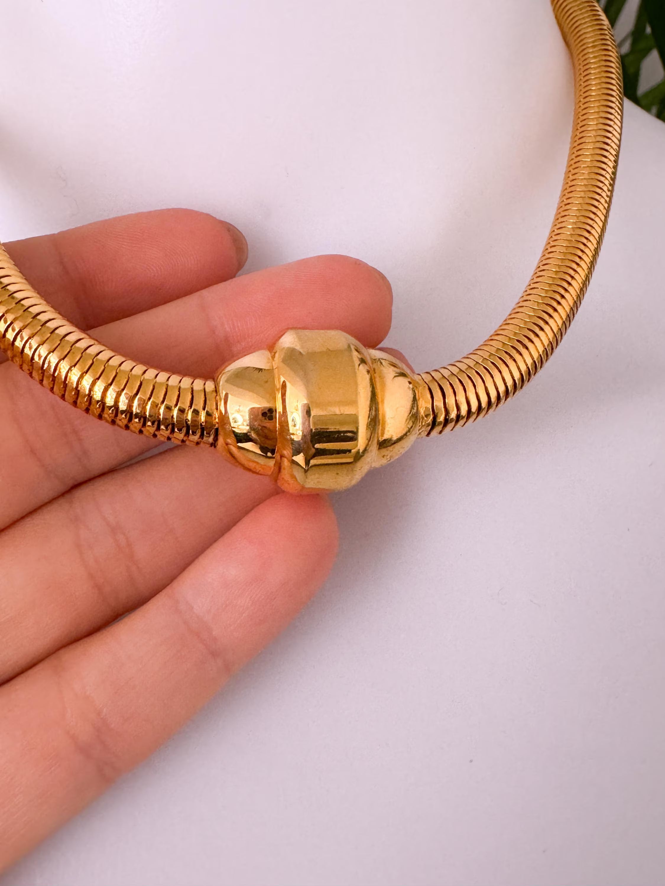 Vintage YSL gold snake chain necklace by Yves Saint Laurent, unisex Y2K designer jewelry with sleek minimalist chain design