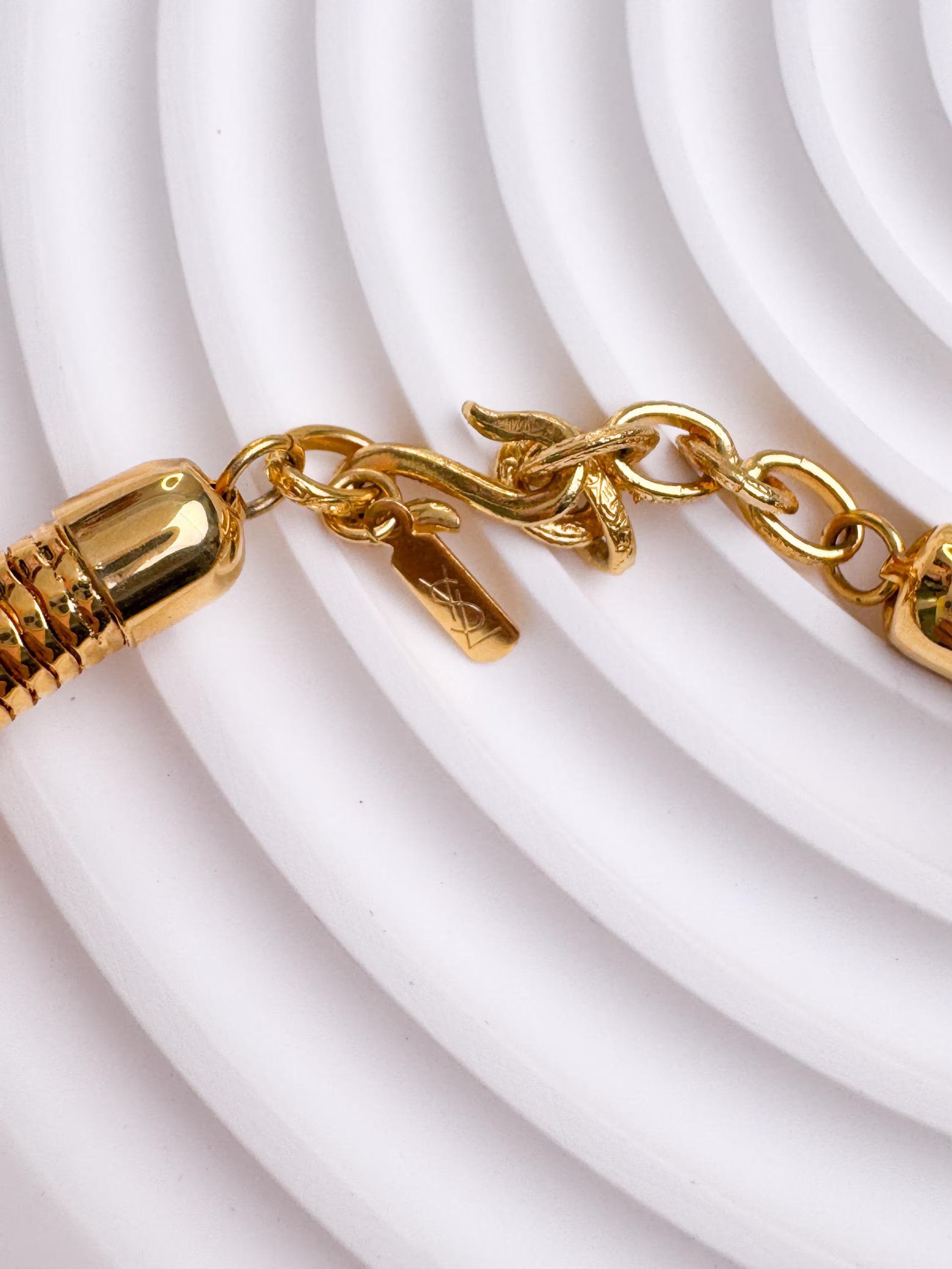 Vintage YSL gold snake chain necklace by Yves Saint Laurent, unisex Y2K designer jewelry with sleek minimalist chain design