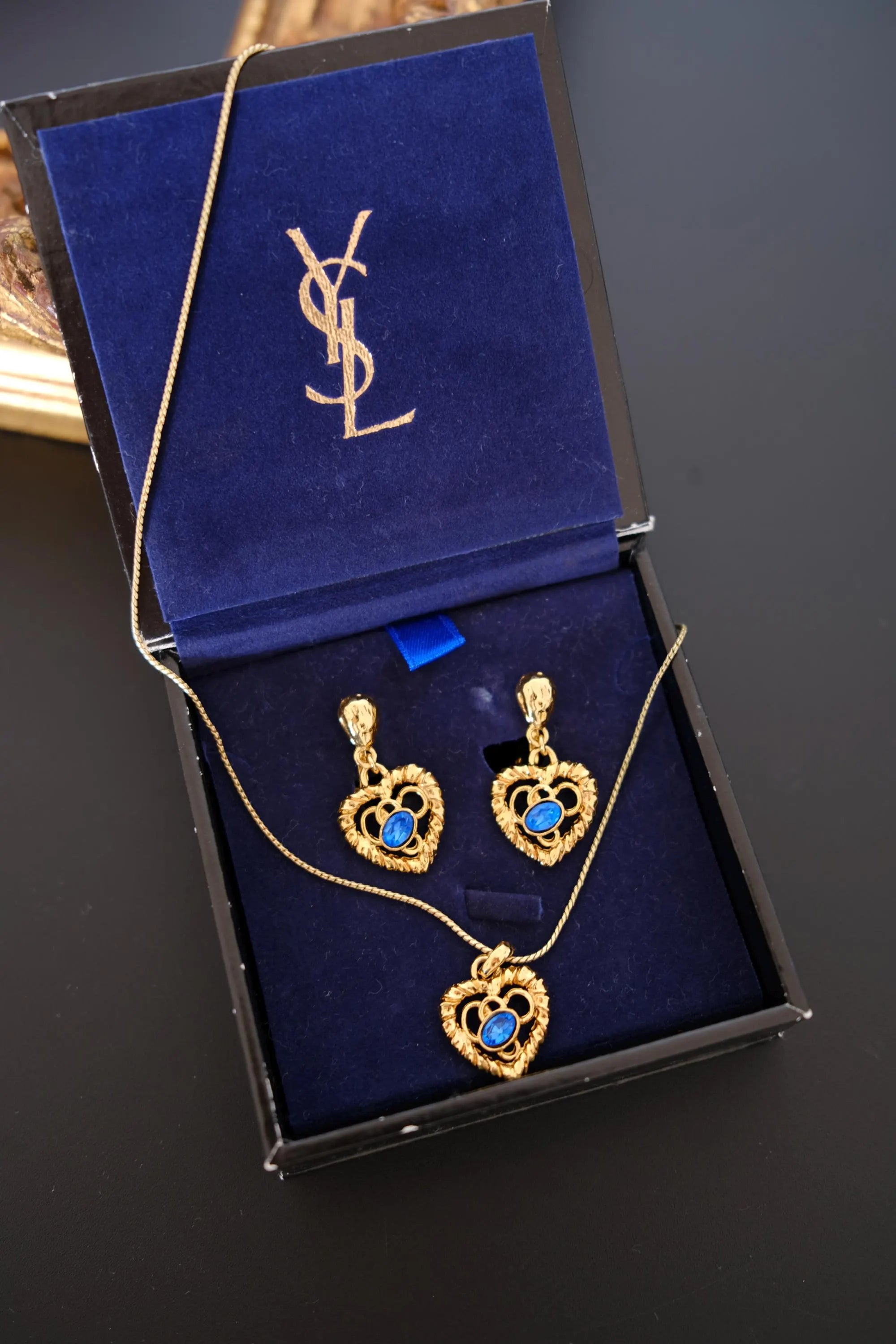 Vintage Yves Saint Laurent YSL gold-tone openwork heart necklace and matching earrings set with original YSL box