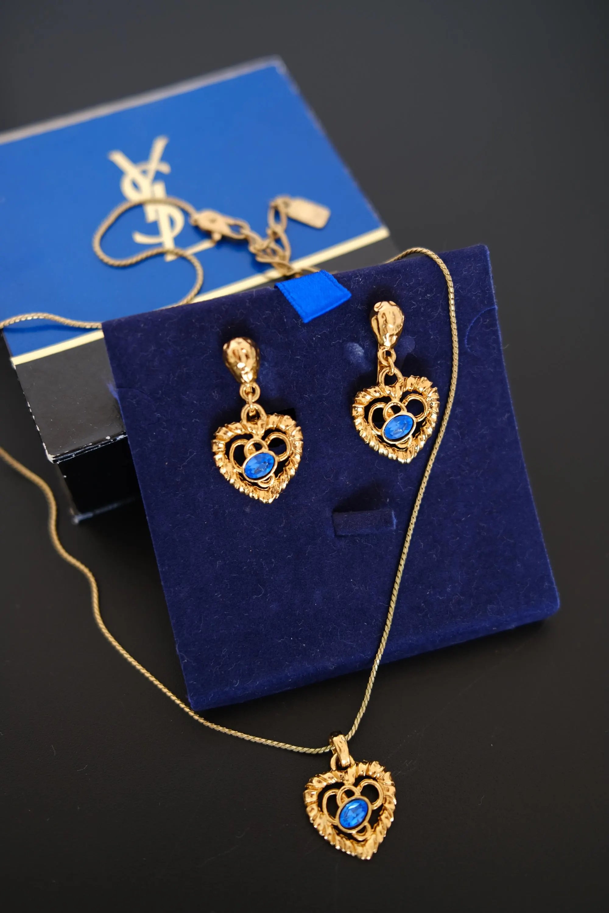 Vintage Yves Saint Laurent YSL gold-tone openwork heart necklace and matching earrings set with original YSL box