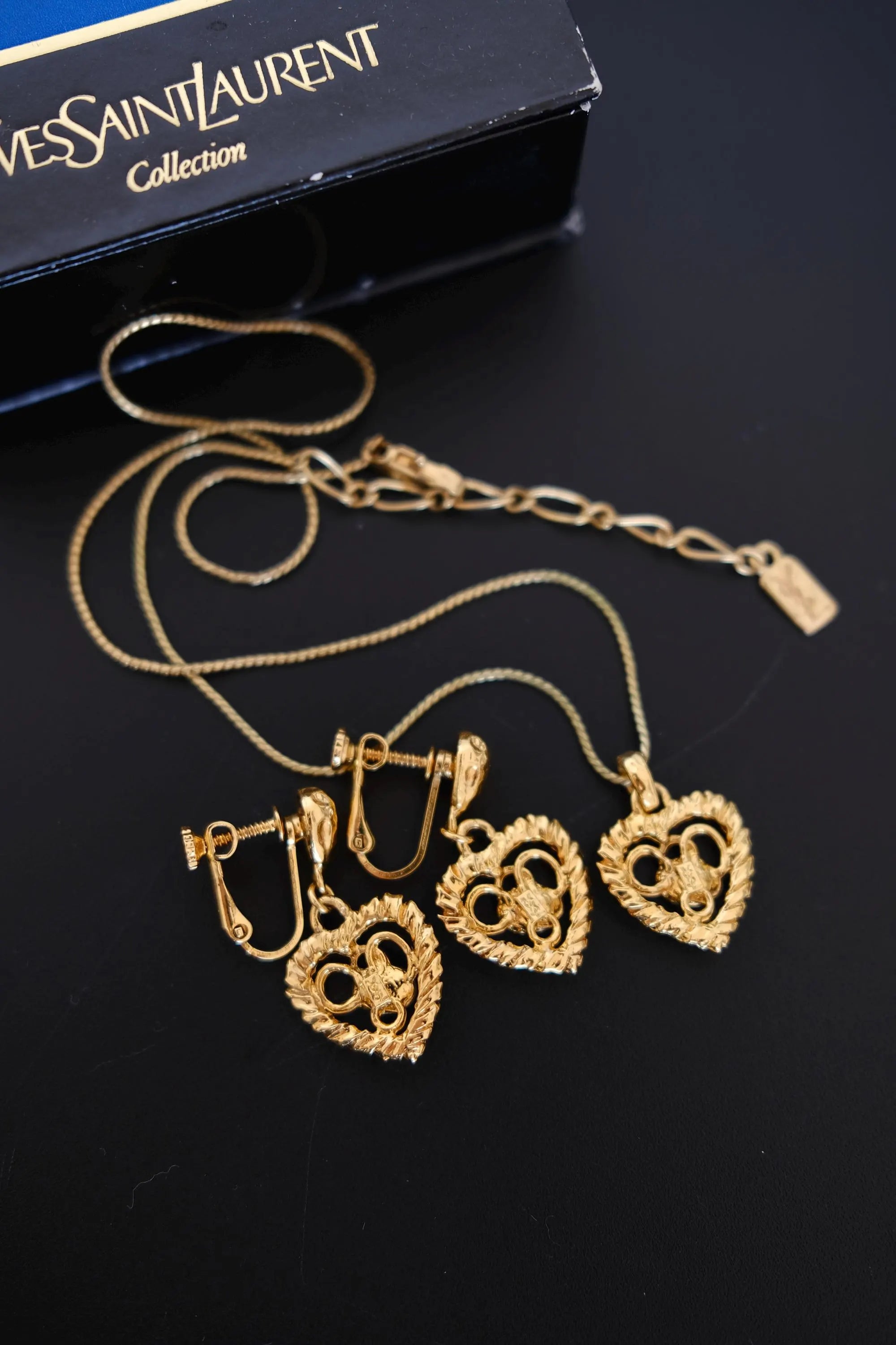 Vintage Yves Saint Laurent YSL signature engraved on heart pendant and necklace charm
