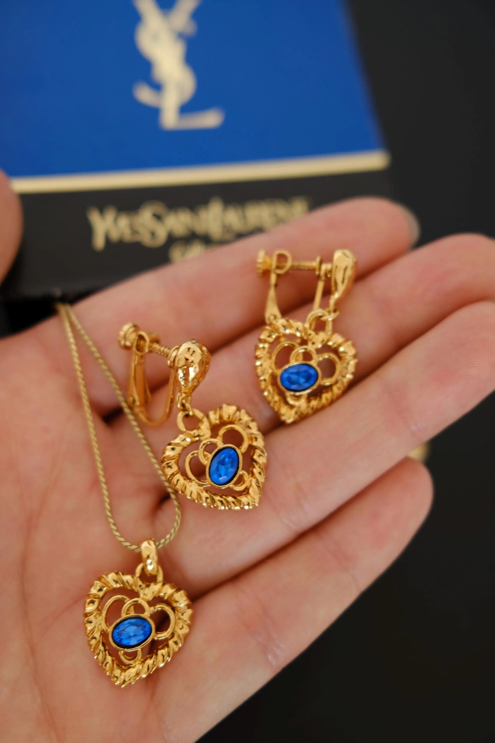 Vintage YSL sculptural openwork heart pendant and matching earrings gold-tone detail