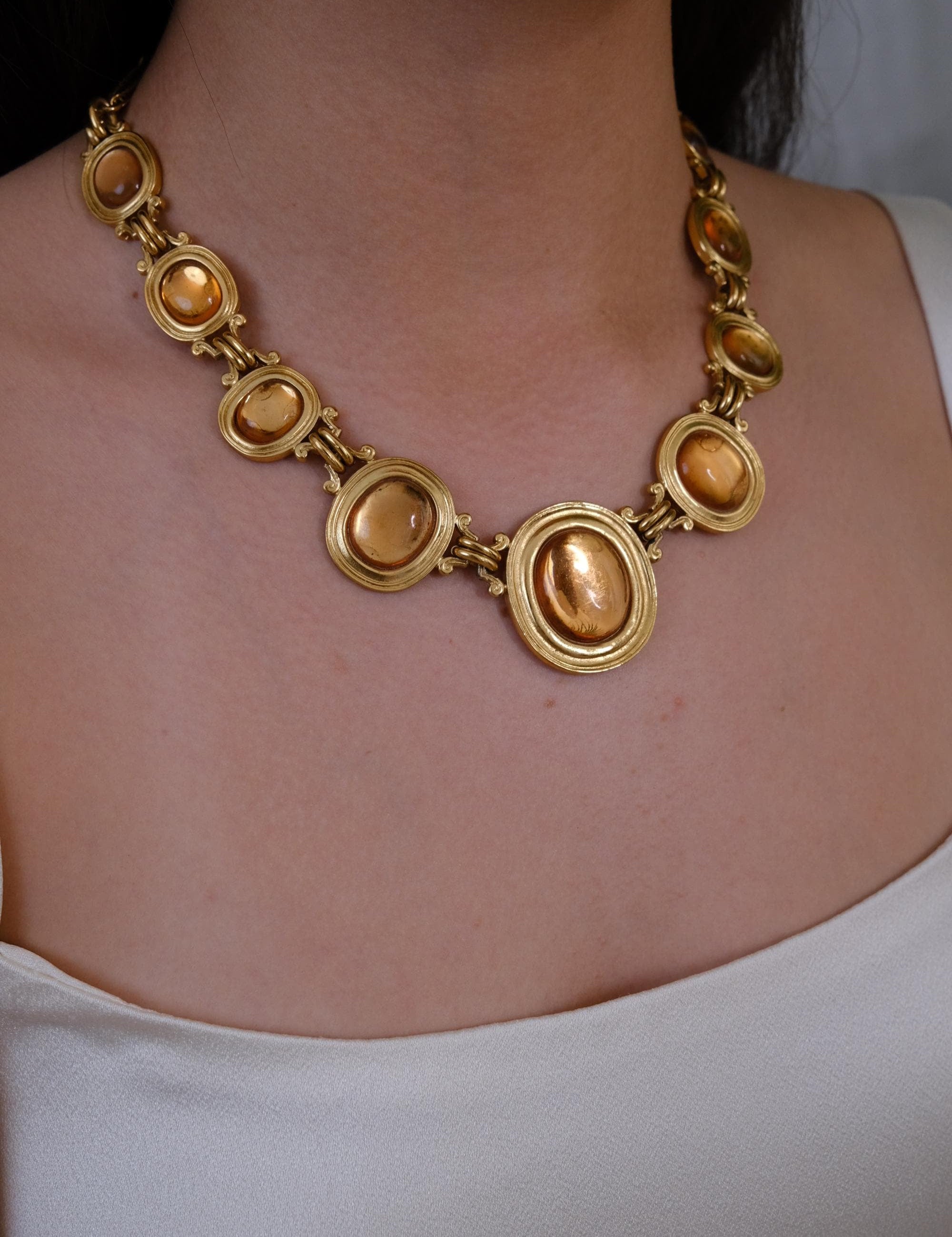 Vintage Yves Saint Laurent gold tone cabochon necklace, elegant designer jewelry and perfect luxury gift for her