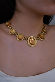 Vintage Yves Saint Laurent cabochon necklace with gold tone finish, timeless designer gift for women