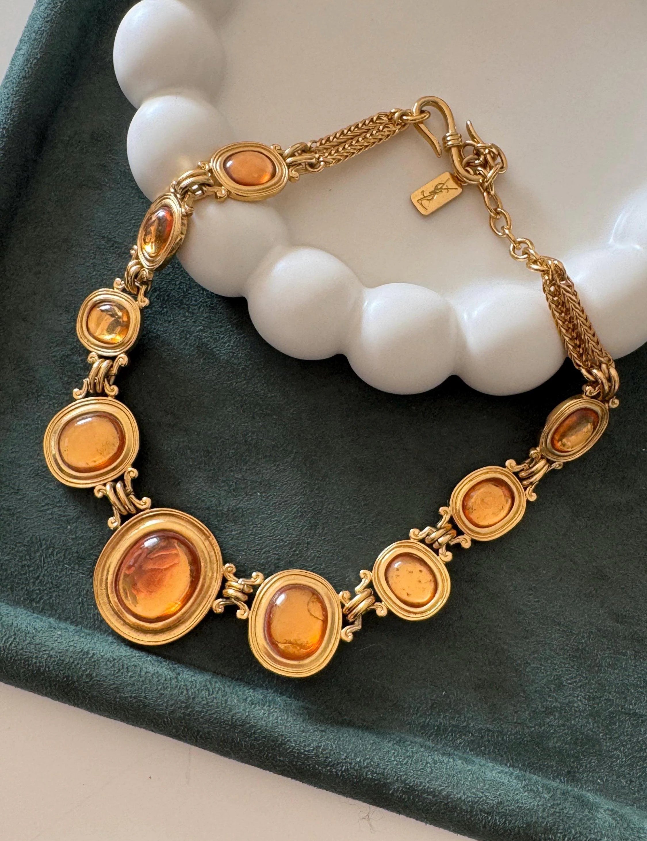 Vintage Yves Saint Laurent gold tone cabochon necklace, statement designer jewelry for women