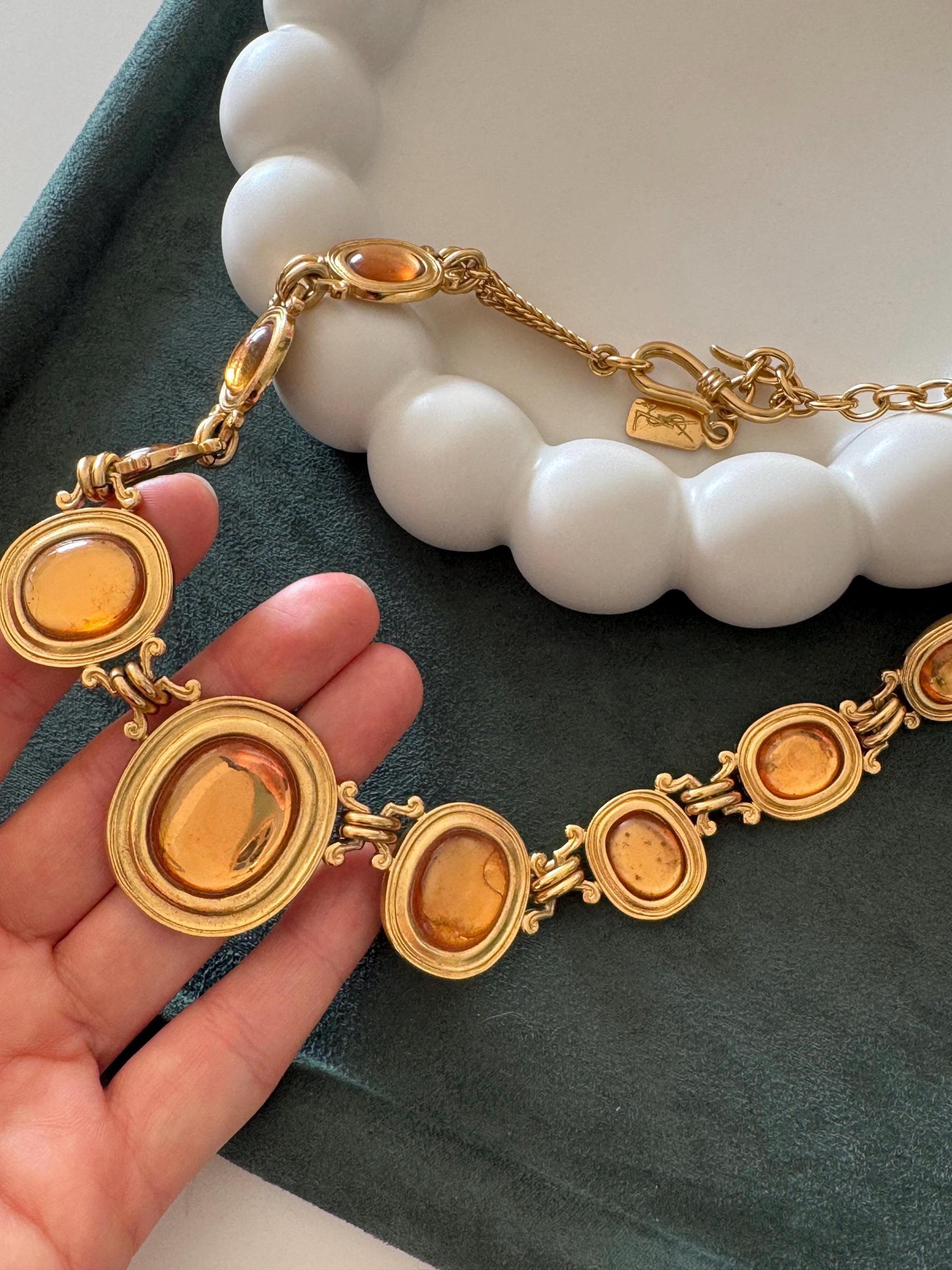 Vintage Yves Saint Laurent cabochon necklace with gold tone finish, timeless designer gift for women