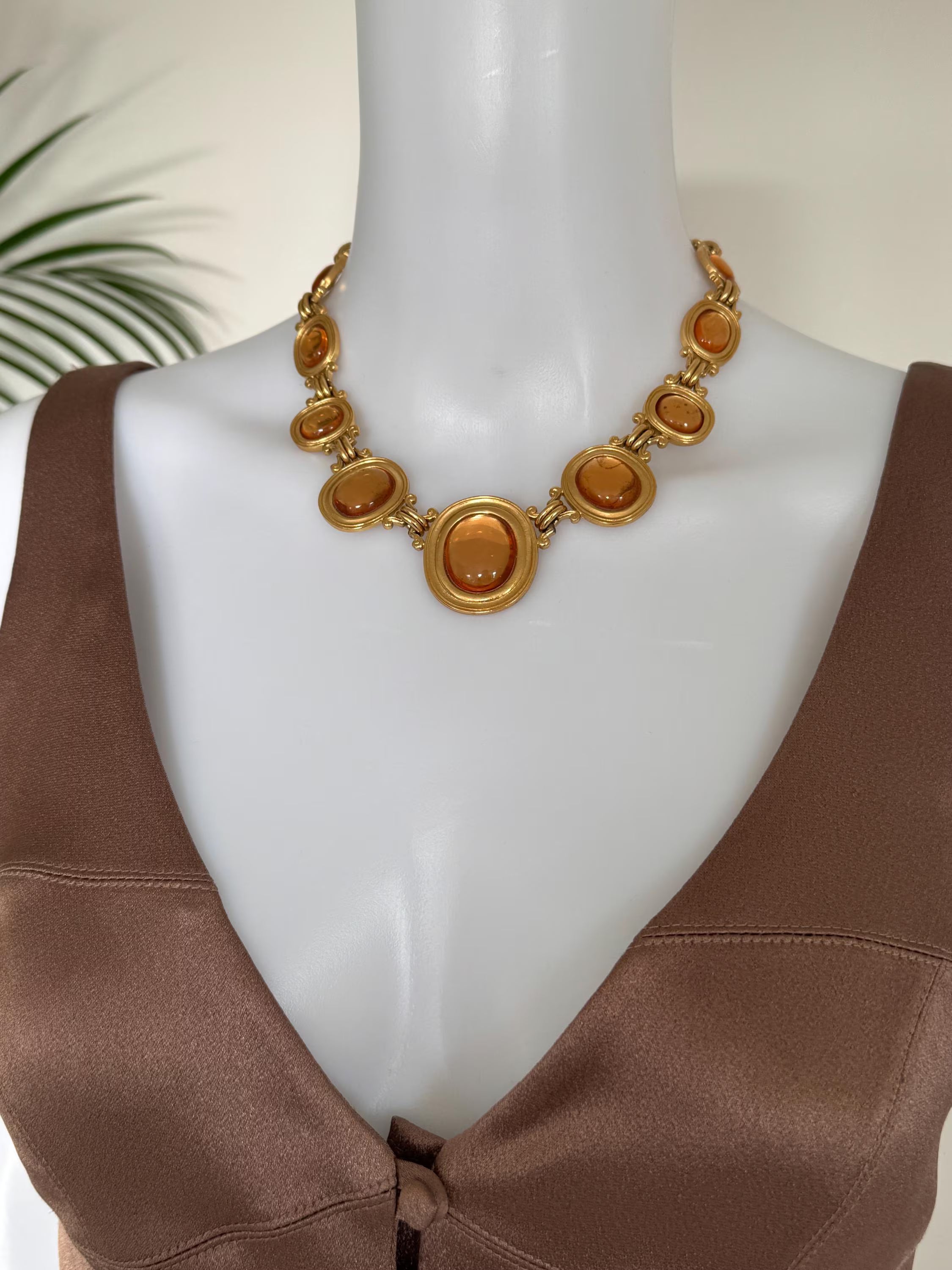 Vintage Yves Saint Laurent gold tone cabochon necklace, elegant designer jewelry and perfect luxury gift for her