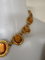 Vintage Yves Saint Laurent gold tone cabochon necklace, statement designer jewelry for women