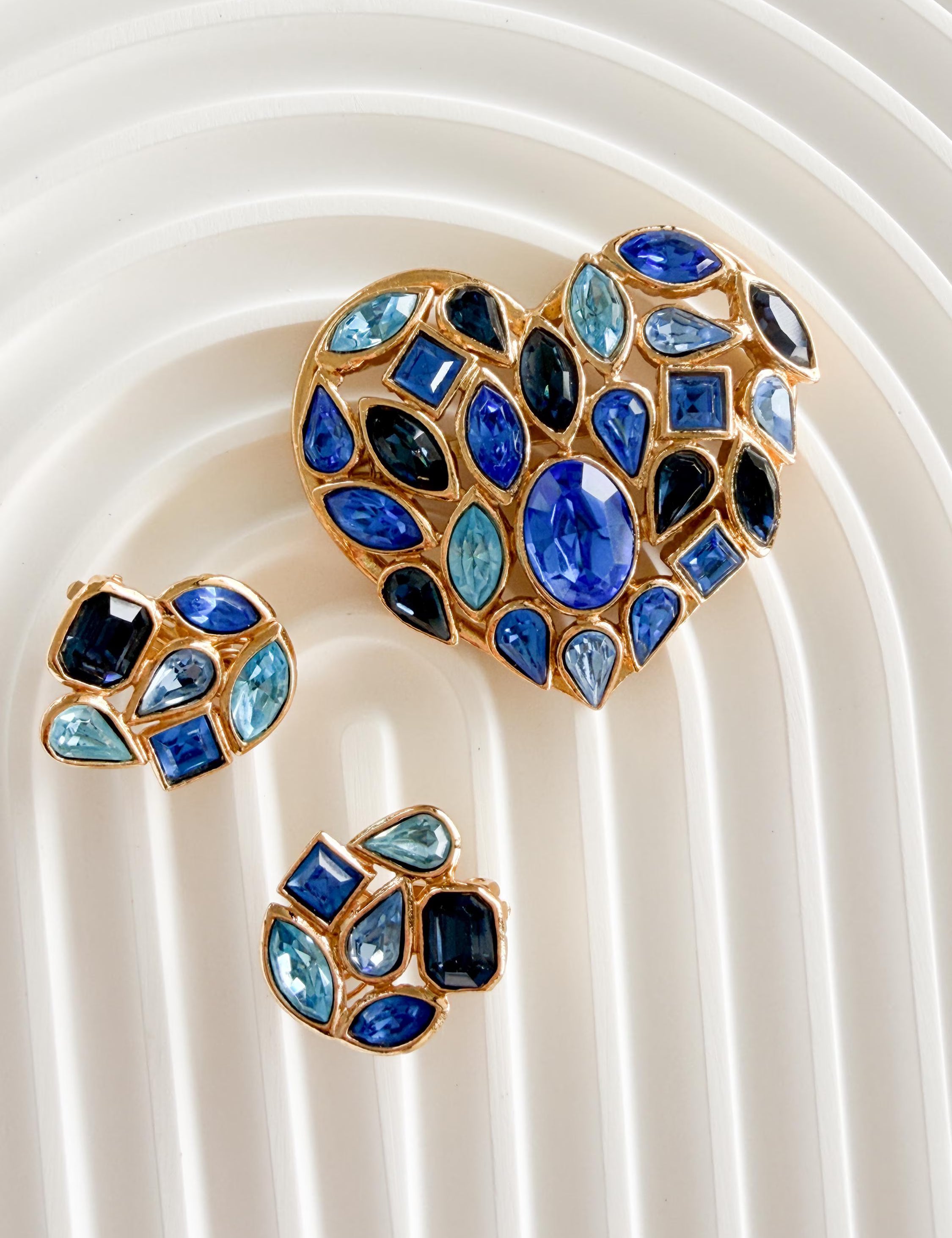 Vintage Yves Saint Laurent blue crystal heart brooch and earrings set in gold