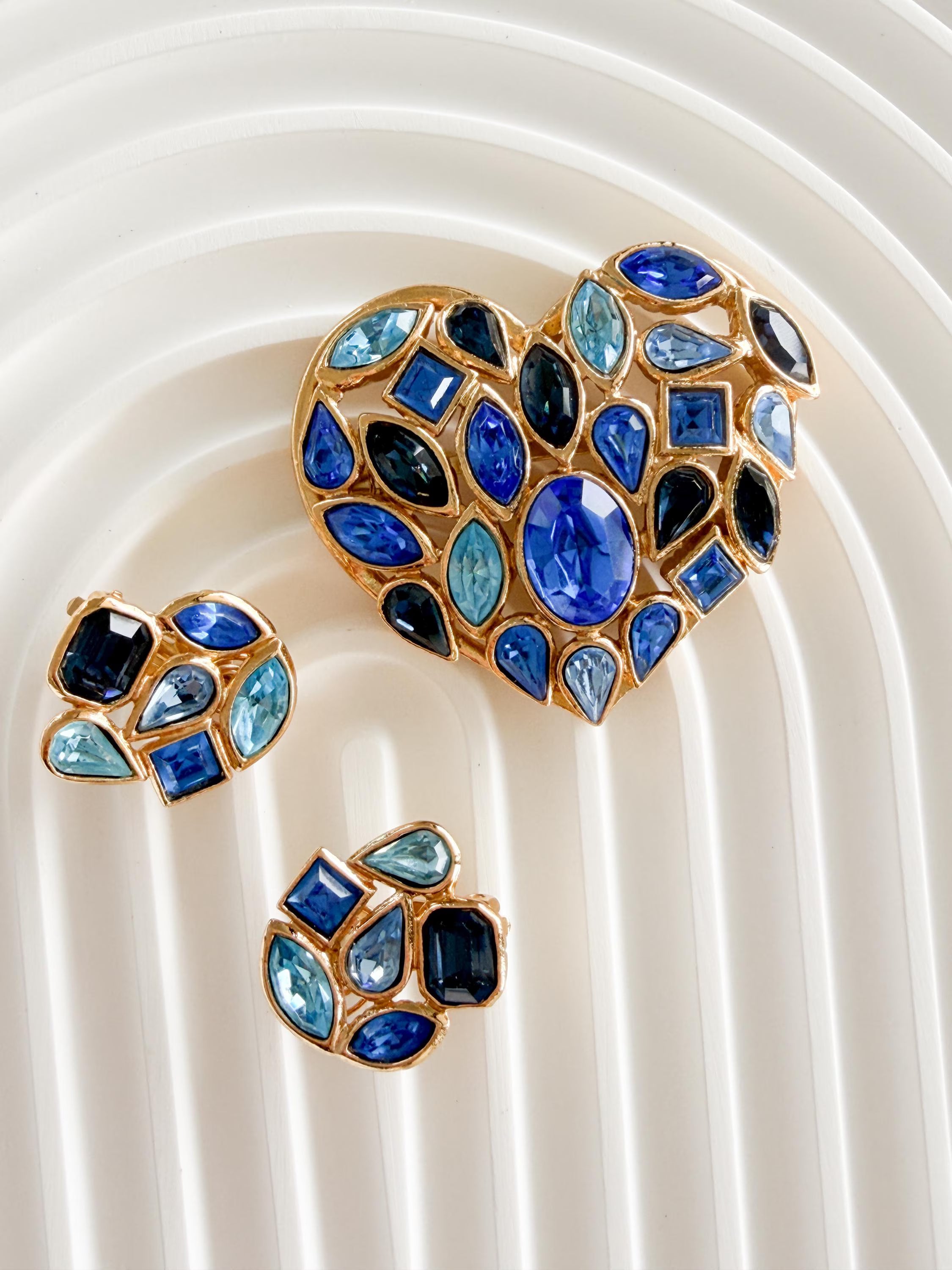 Vintage Yves Saint Laurent blue crystal heart brooch and earrings set in gold