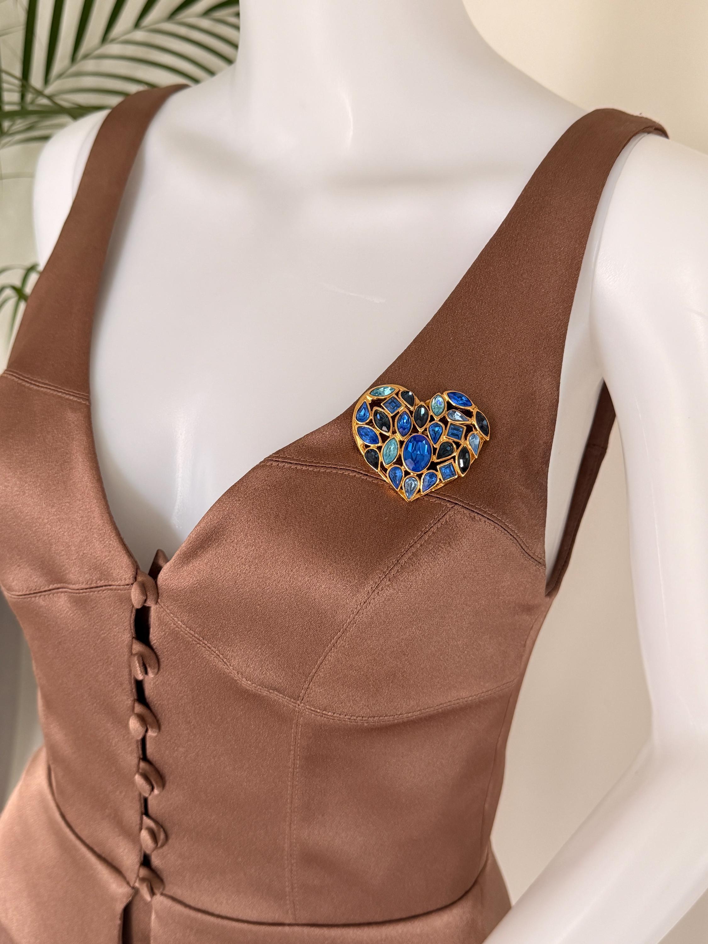 Vintage YSL blue crystal heart brooch and earrings set, elegant designer jewelry