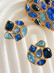 Vintage Yves Saint Laurent blue crystal heart brooch and earrings set in gold