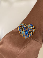 Vintage YSL blue crystal heart brooch and earrings set, elegant designer jewelry