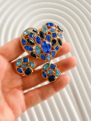 Vintage Yves Saint Laurent gold heart brooch and earrings set with blue crystals