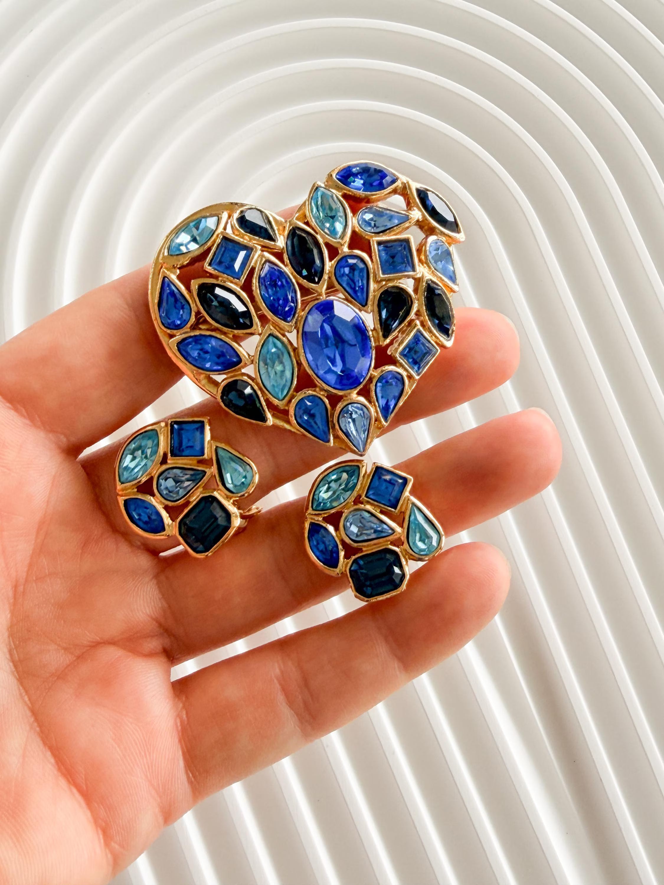 Vintage Yves Saint Laurent gold heart brooch and earrings set with blue crystals