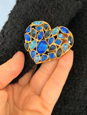 Vintage YSL blue crystal heart brooch earrings set, timeless designer accessory