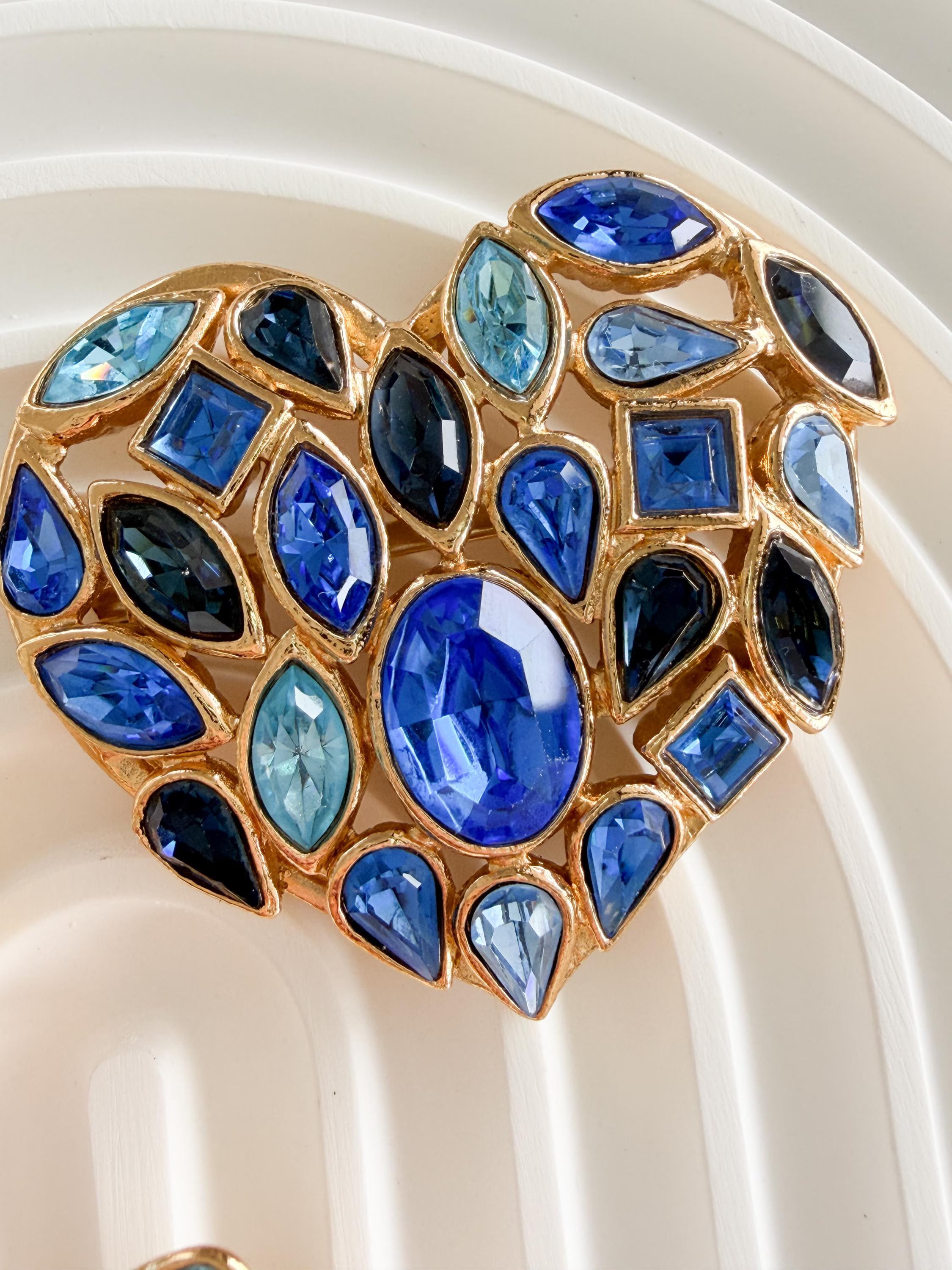 Vintage Yves Saint Laurent blue crystal heart brooch and earrings set in gold