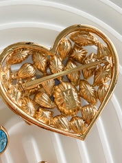 Vintage Yves Saint Laurent blue crystal heart brooch and earrings set in gold