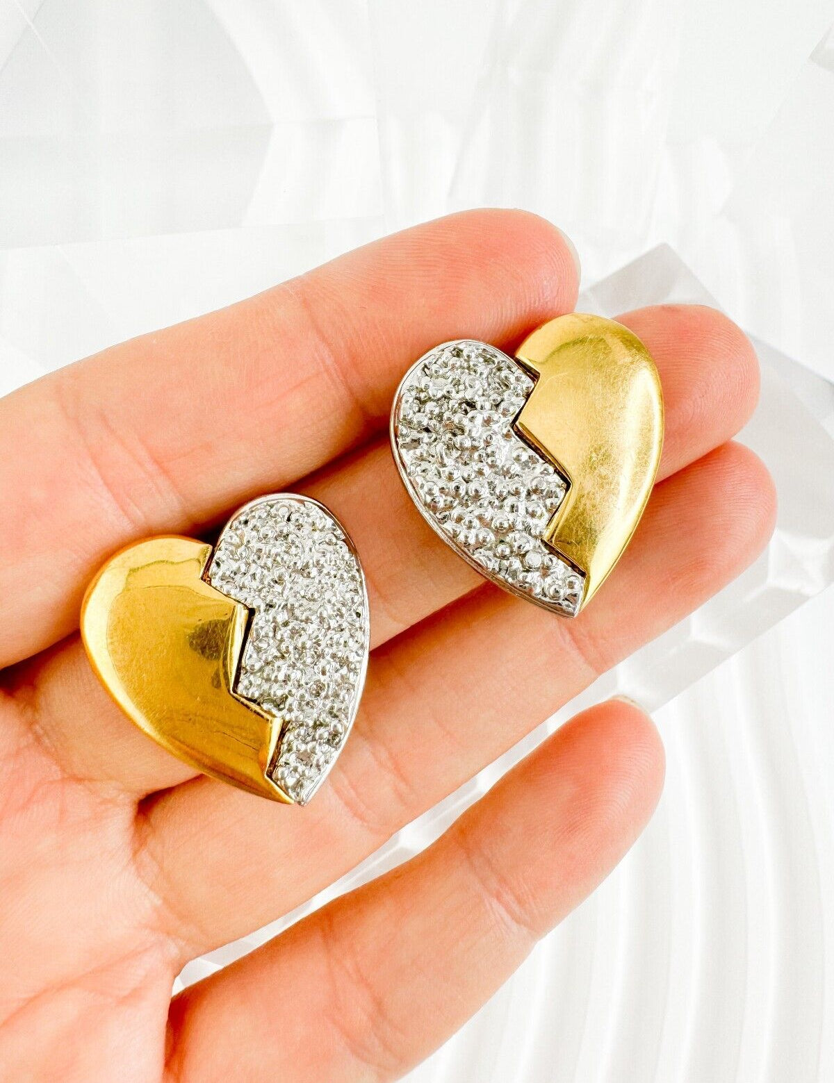 YSL Yves Saint Laurent Earrings Broken Heart, Beautiful Gold & Silver Broken Heart Earrings, Swarovski Crystals, Vintage Earrings Gold