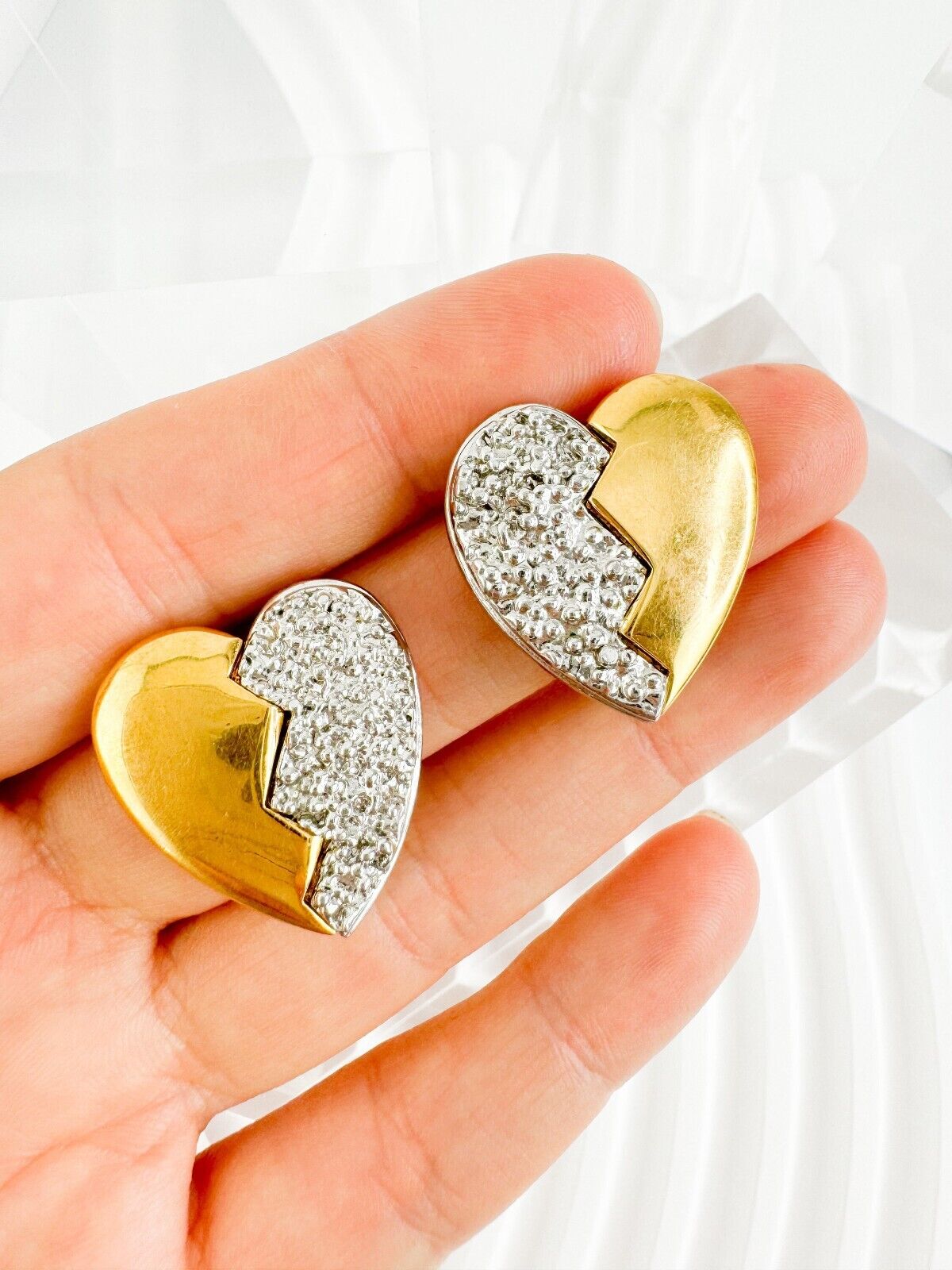 YSL Yves Saint Laurent Earrings Broken Heart, Beautiful Gold & Silver Broken Heart Earrings, Swarovski Crystals, Vintage Earrings Gold